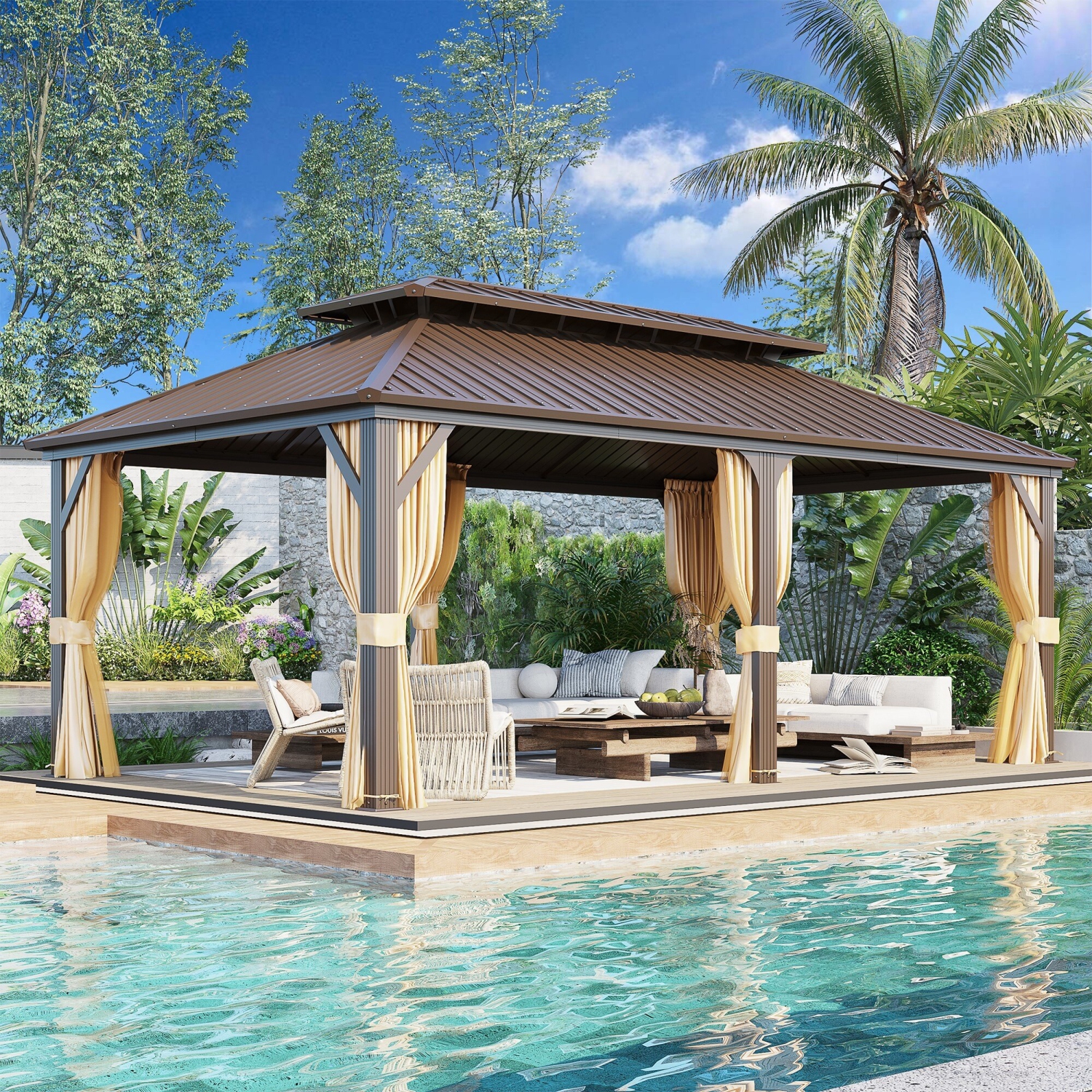 EROMMY – Abri de jardin à toit rigide de 12 x 20 pi avec double toit en acier galvanisé et cadre en aluminium – Pergola extérieure avec rideaux et