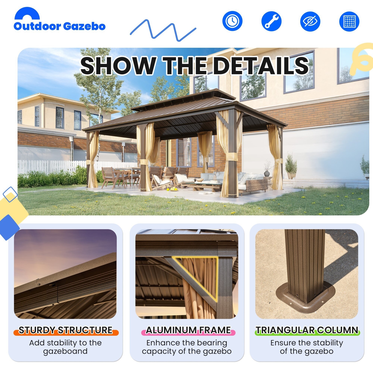 EROMMY – Abri de jardin à toit rigide de 12 x 20 pi avec double toit en acier galvanisé et cadre en aluminium – Pergola extérieure avec rideaux et