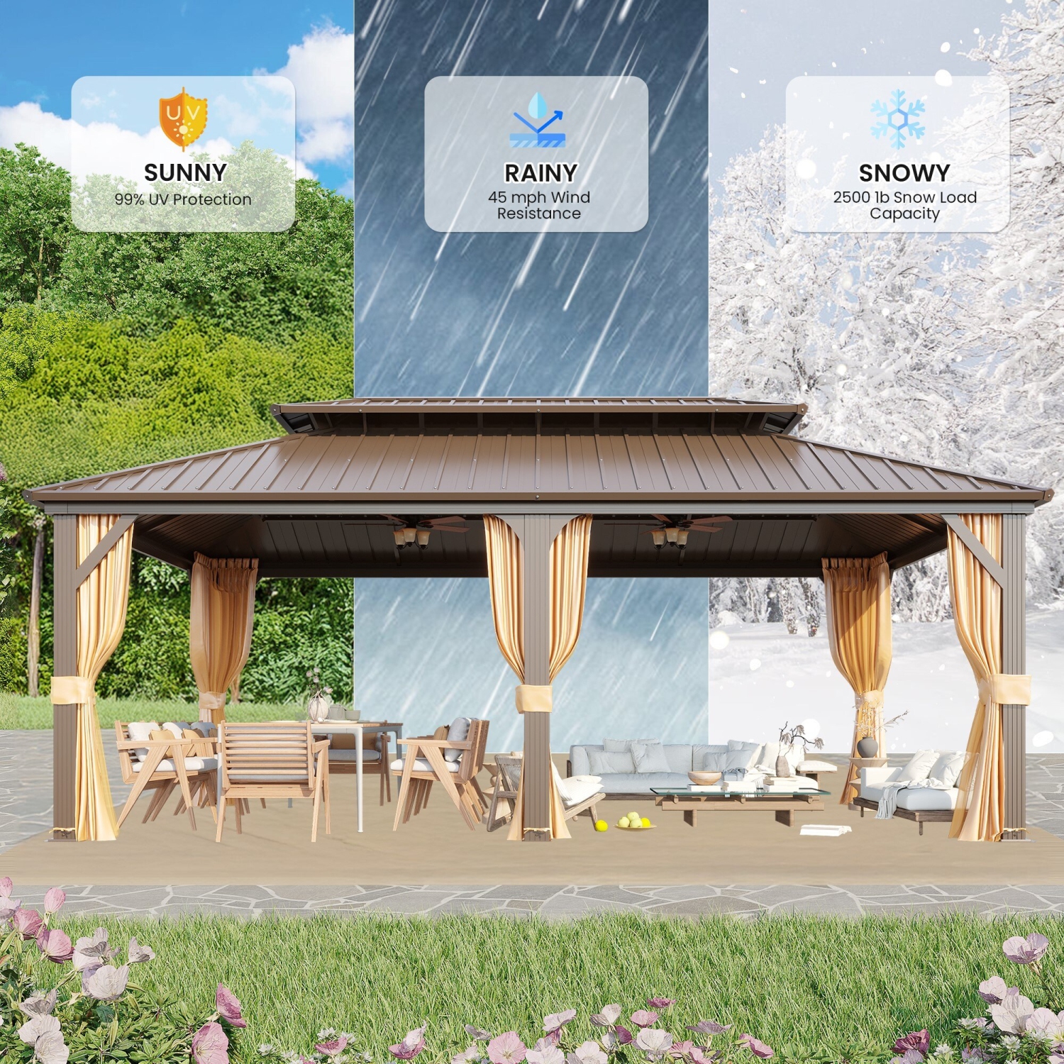 EROMMY – Abri de jardin à toit rigide de 12 x 20 pi avec double toit en acier galvanisé et cadre en aluminium – Pergola extérieure avec rideaux et
