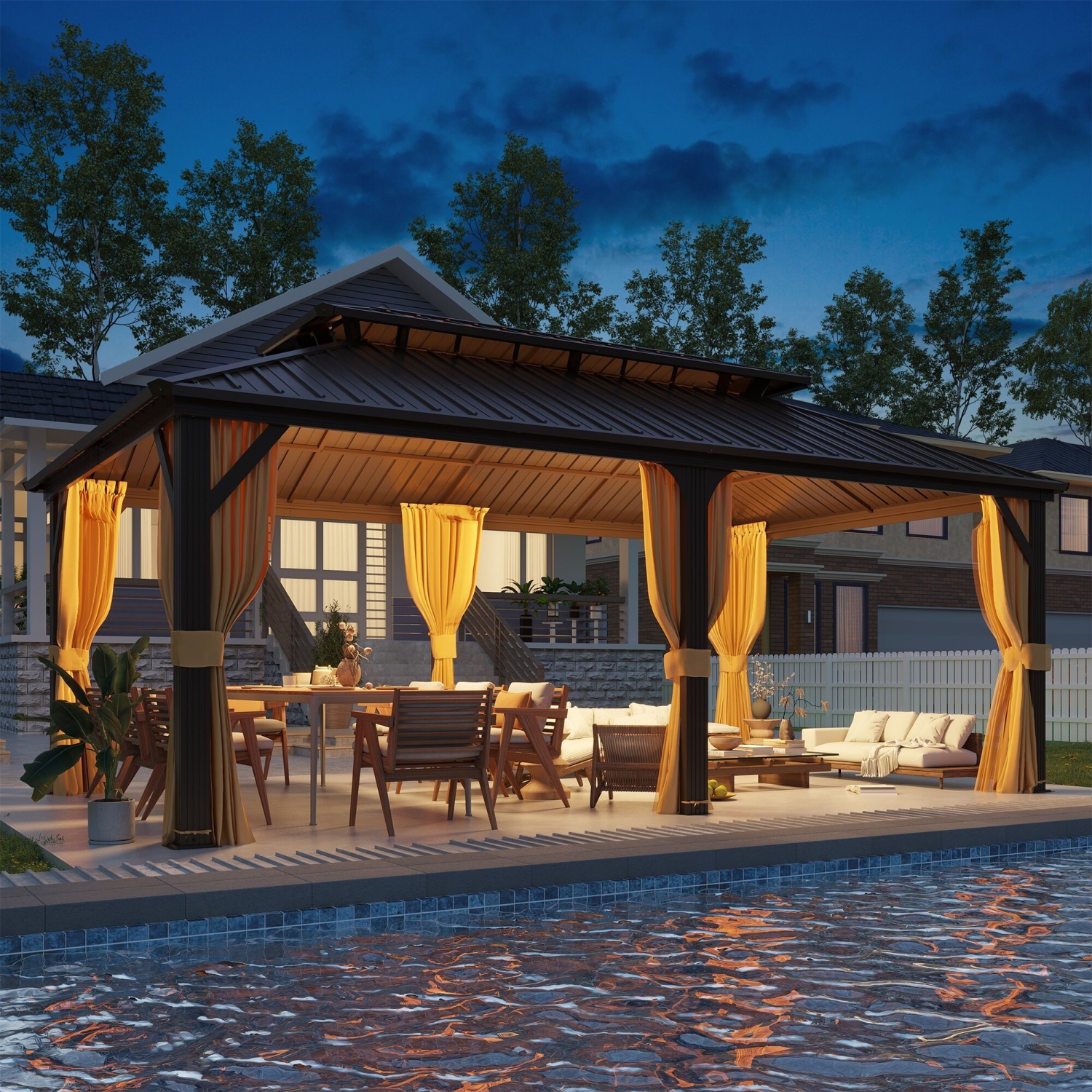 EROMMY – Abri de jardin à toit rigide de 12 x 20 pi avec double toit en acier galvanisé et cadre en aluminium – Pergola extérieure avec rideaux et