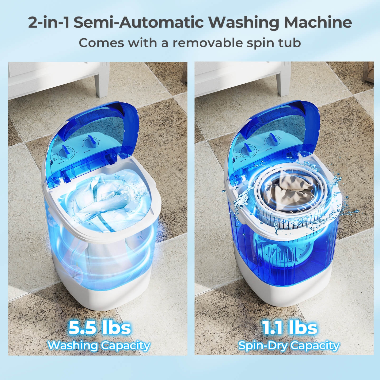 Costway Portable Washing Machine 5.5 lbs Mini Top Load Washer with Removable Spin-Dry Tub Blue/Gray