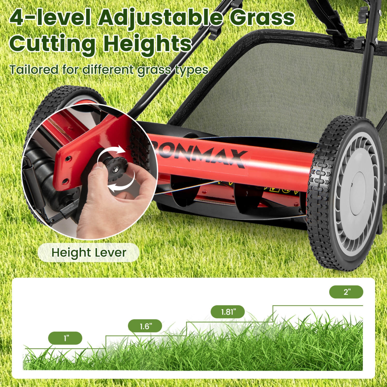 Ironmax 16" Push Lawn Mower with 5-Blade 6.9 Gallon Removable Grass Catcher for Garden Green/Red