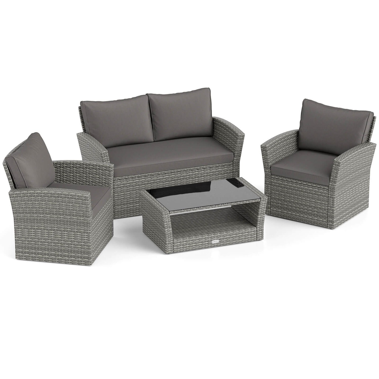 Costway 4 PCS Patio Furniture Set with 2 Rattan Chairs Loveseat Coffee Table Cushions Gray