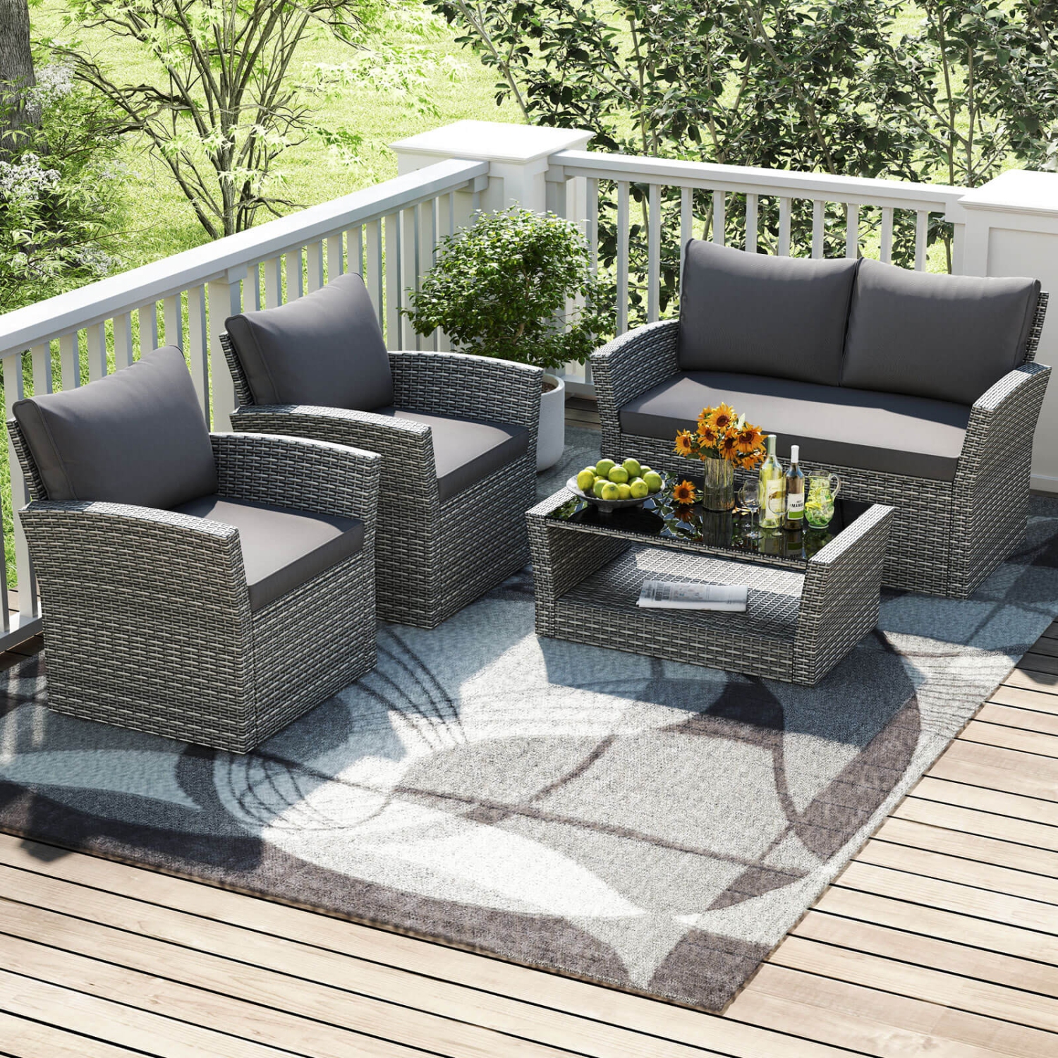 Costway 4 PCS Patio Furniture Set with 2 Rattan Chairs Loveseat Coffee Table Cushions Gray