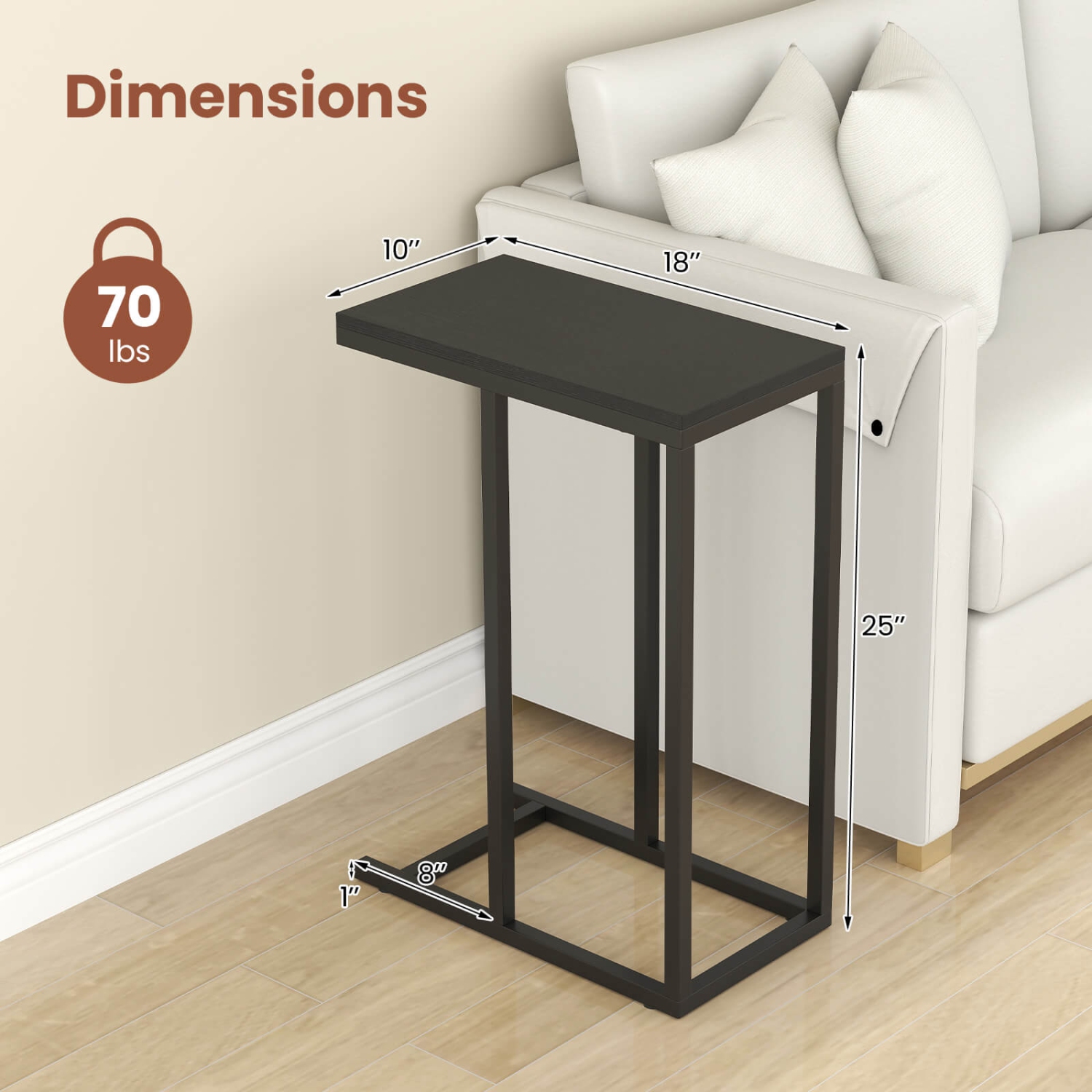 Costway C-shaped Side Table Industrial Sofa Table with Heavy-duty Metal Frame Brown/Gray