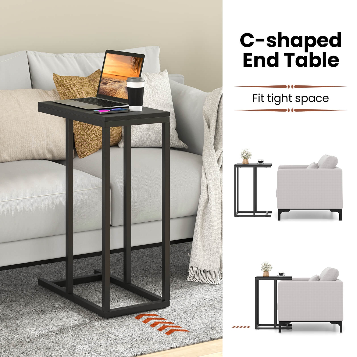 Costway C-shaped Side Table Industrial Sofa Table with Heavy-duty Metal Frame Brown/Gray