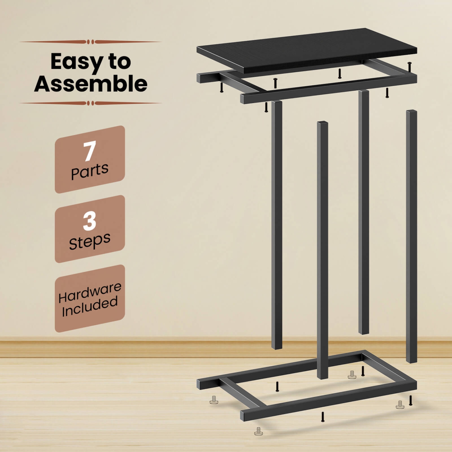 Costway C-shaped Side Table Industrial Sofa Table with Heavy-duty Metal Frame Brown/Gray