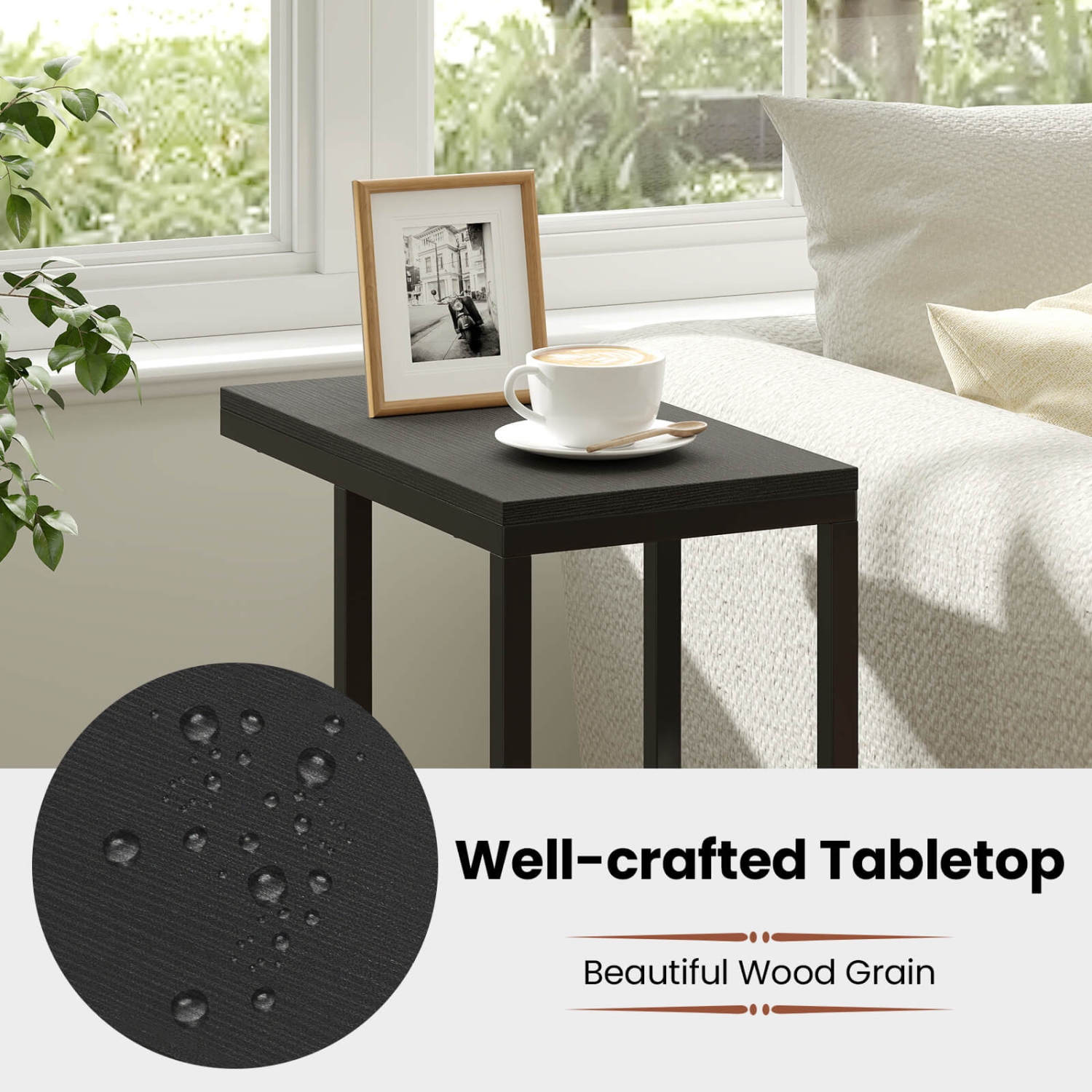 Costway C-shaped Side Table Industrial Sofa Table with Heavy-duty Metal Frame Brown/Gray