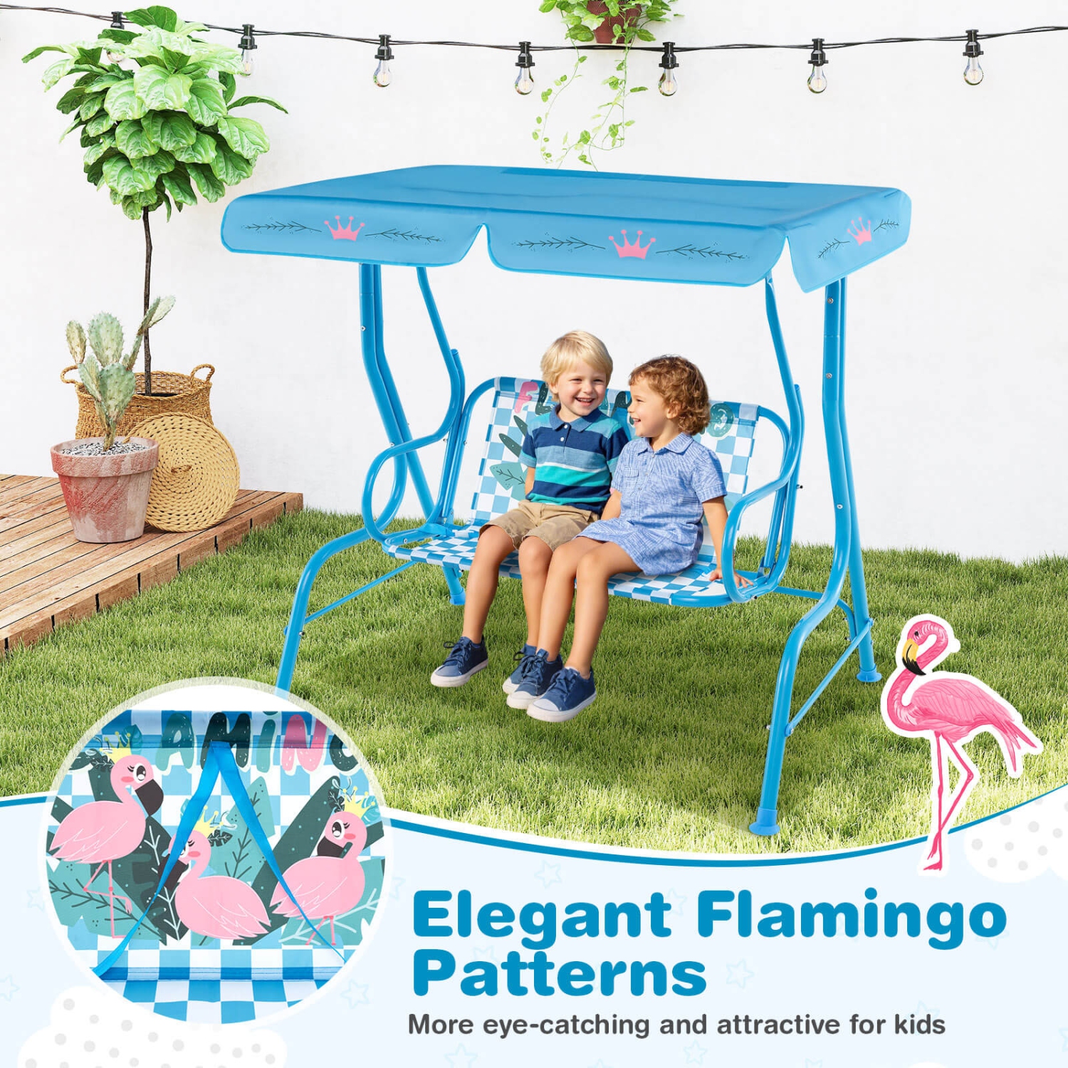 Balancelle 2 places pour jeune enfant de Costway avec support en métal, auvent réglable, courroies de sécurité bleu/rose/jaune