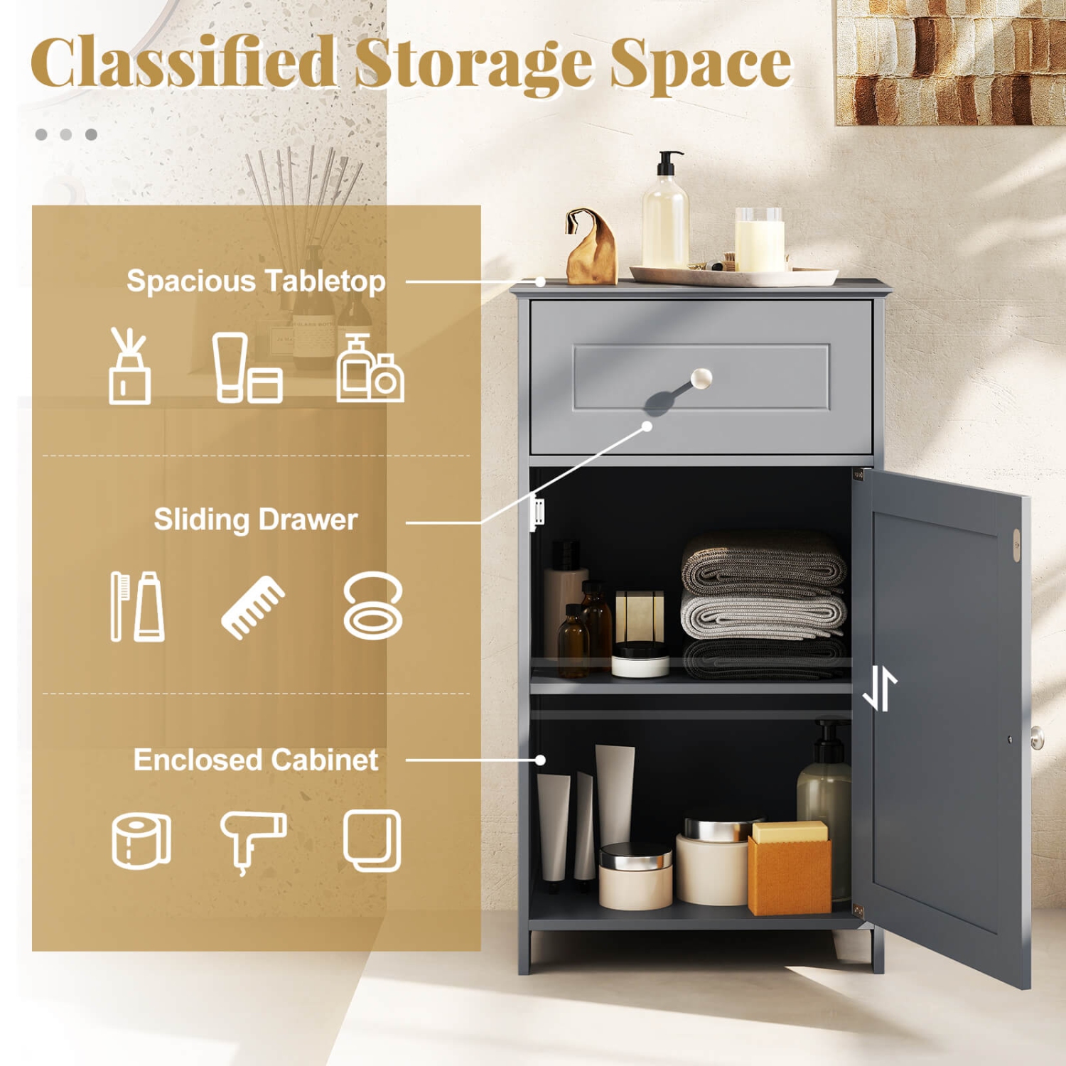 Costway White Floor Storage Cabinet Bathroom Organizer Cupboard Drawer Shelf Bath Towel White/Gray/Black