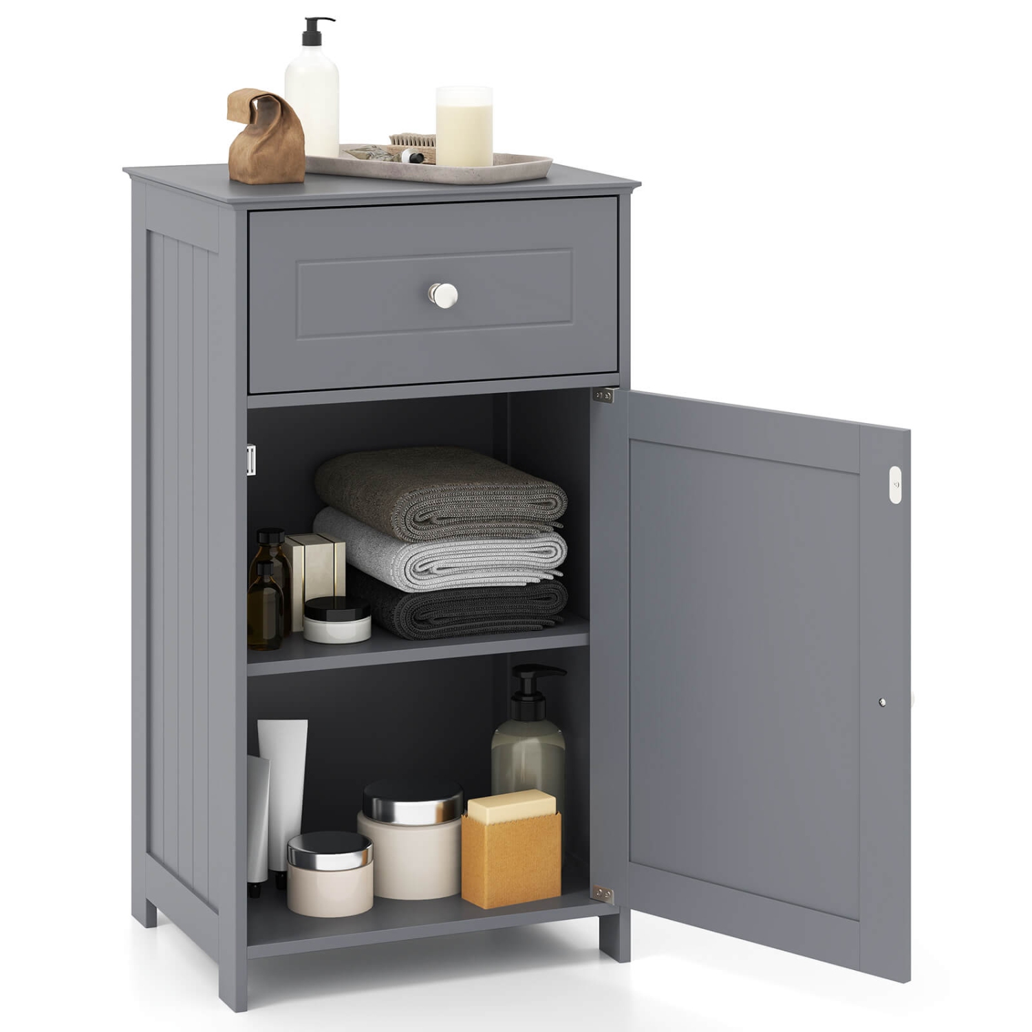 Costway White Floor Storage Cabinet Bathroom Organizer Cupboard Drawer Shelf Bath Towel White/Gray/Black