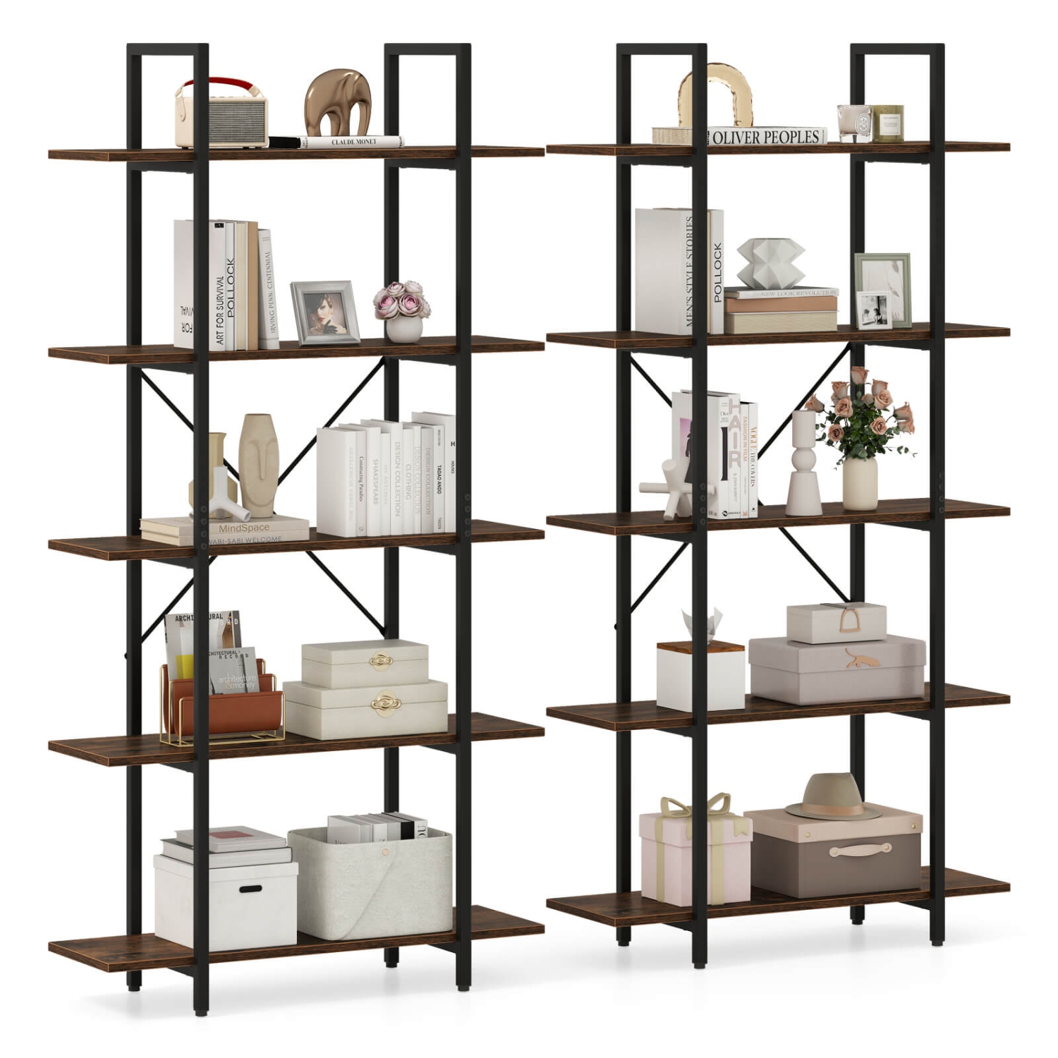 Costway 1/2 PCS 5-Tier Bookshelf 62" Tall Vintage Industrial Bookcase with Open Storage Shelves