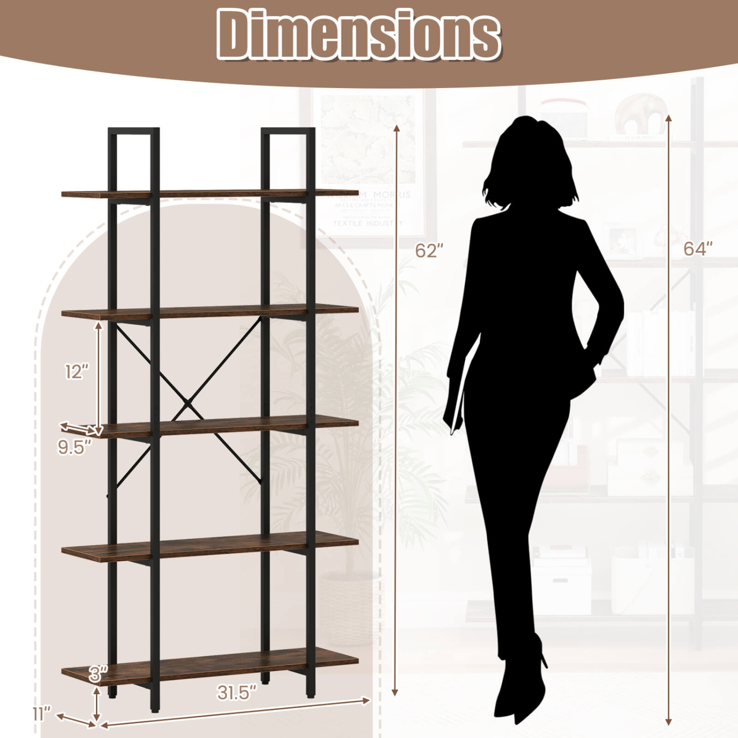 Costway 1/2 PCS 5-Tier Bookshelf 62" Tall Vintage Industrial Bookcase with Open Storage Shelves