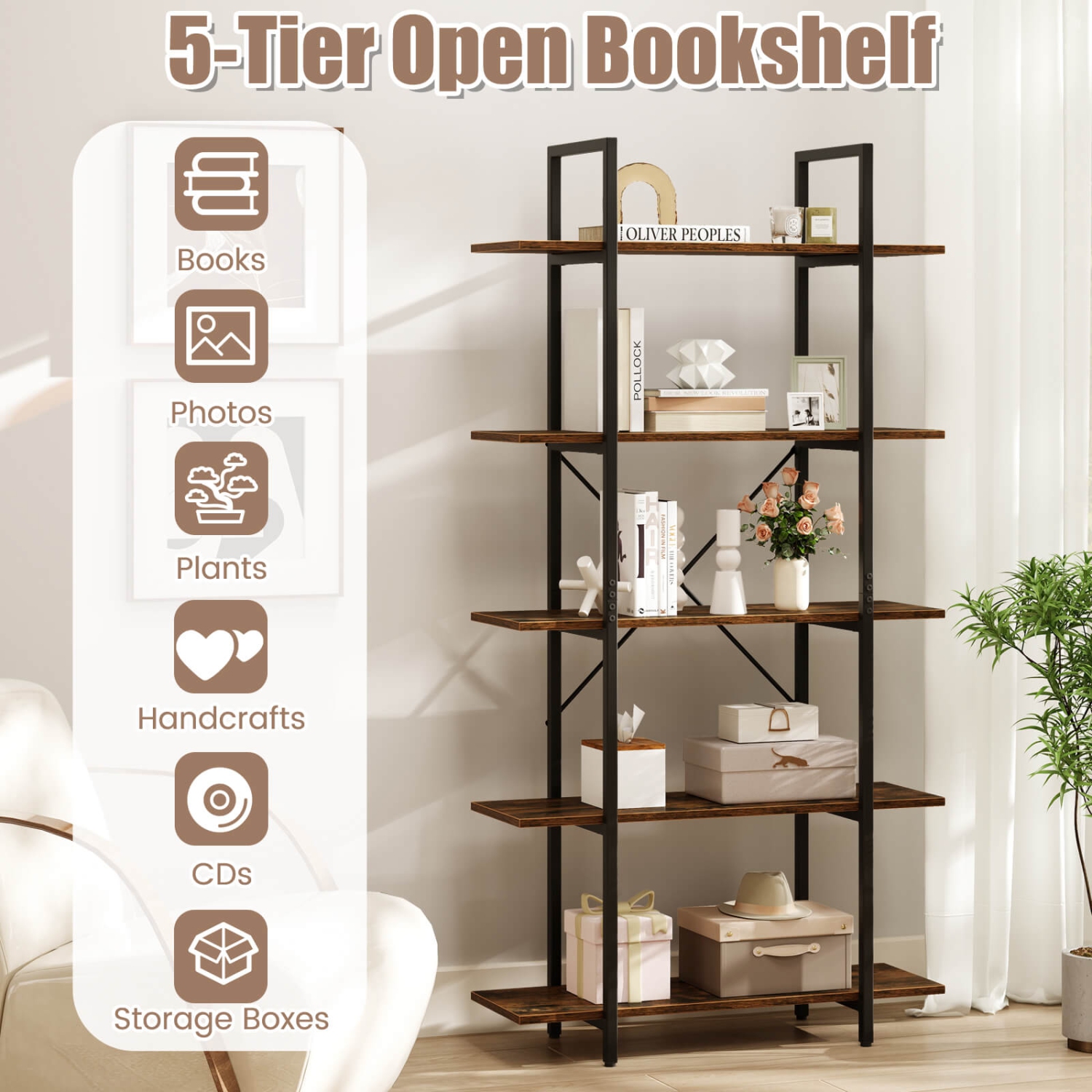 Costway 1/2 PCS 5-Tier Bookshelf 62" Tall Vintage Industrial Bookcase with Open Storage Shelves