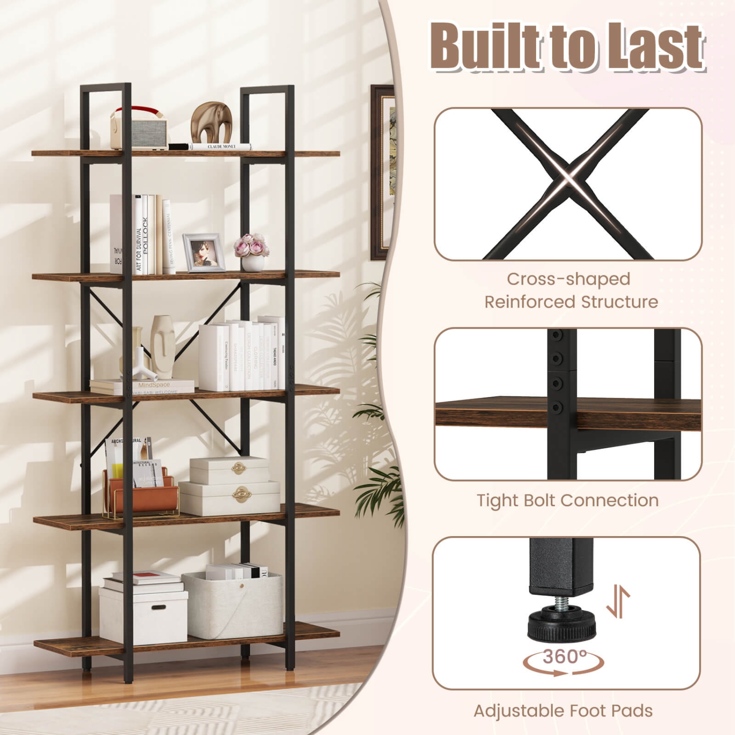 Costway 1/2 PCS 5-Tier Bookshelf 62" Tall Vintage Industrial Bookcase with Open Storage Shelves