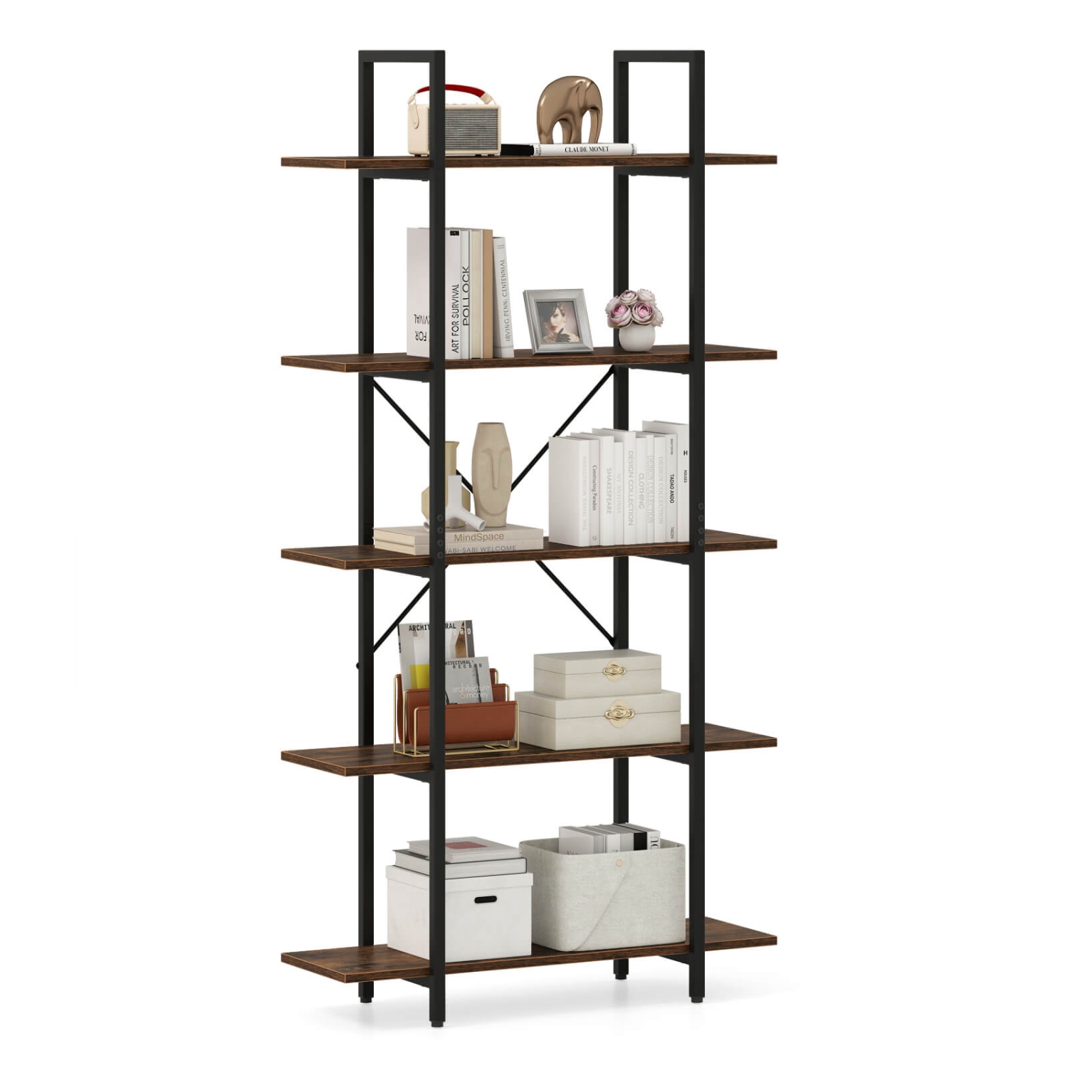 Costway 1/2 PCS 5-Tier Bookshelf 62" Tall Vintage Industrial Bookcase with Open Storage Shelves