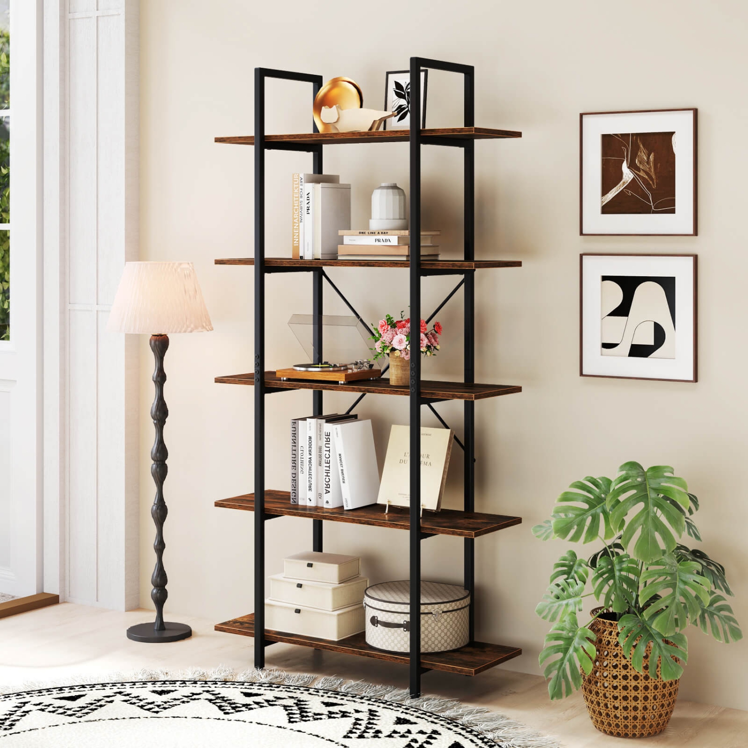 Costway 1/2 PCS 5-Tier Bookshelf 62" Tall Vintage Industrial Bookcase with Open Storage Shelves