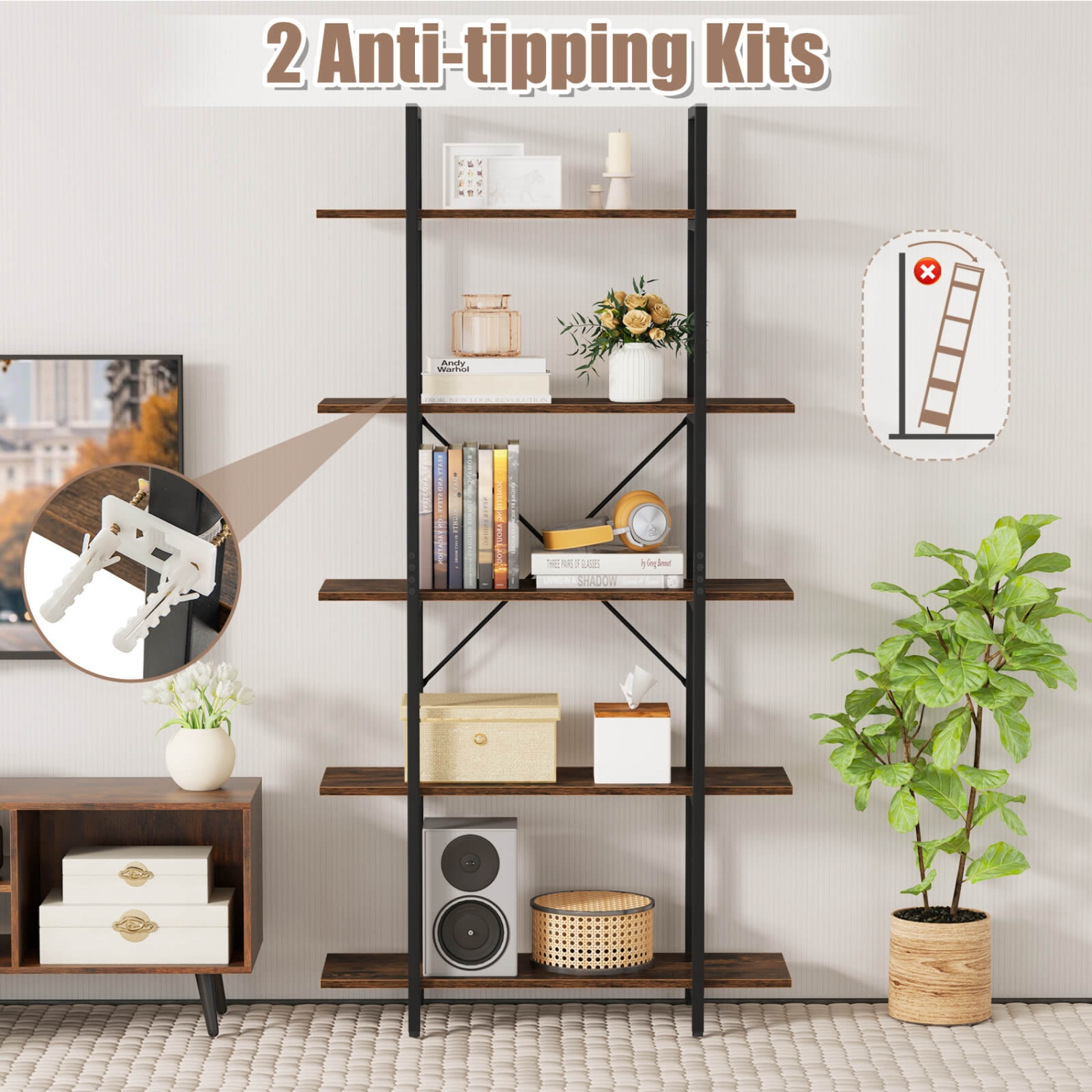 Costway 1/2 PCS 5-Tier Bookshelf 62" Tall Vintage Industrial Bookcase with Open Storage Shelves