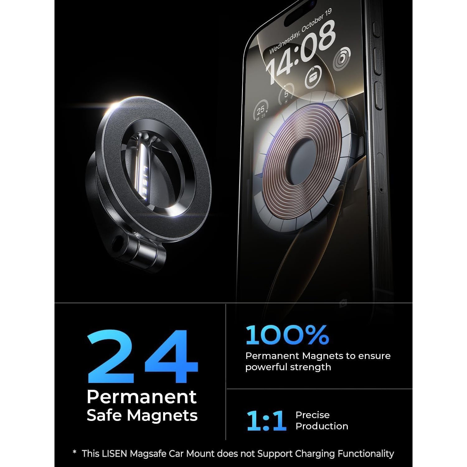 LISEN MagSafe Car Mount - Ultra Magnetic Dashboard Phone Holder for iPhone 12-16, Galaxy, Pixel, LG, OnePlus - Black