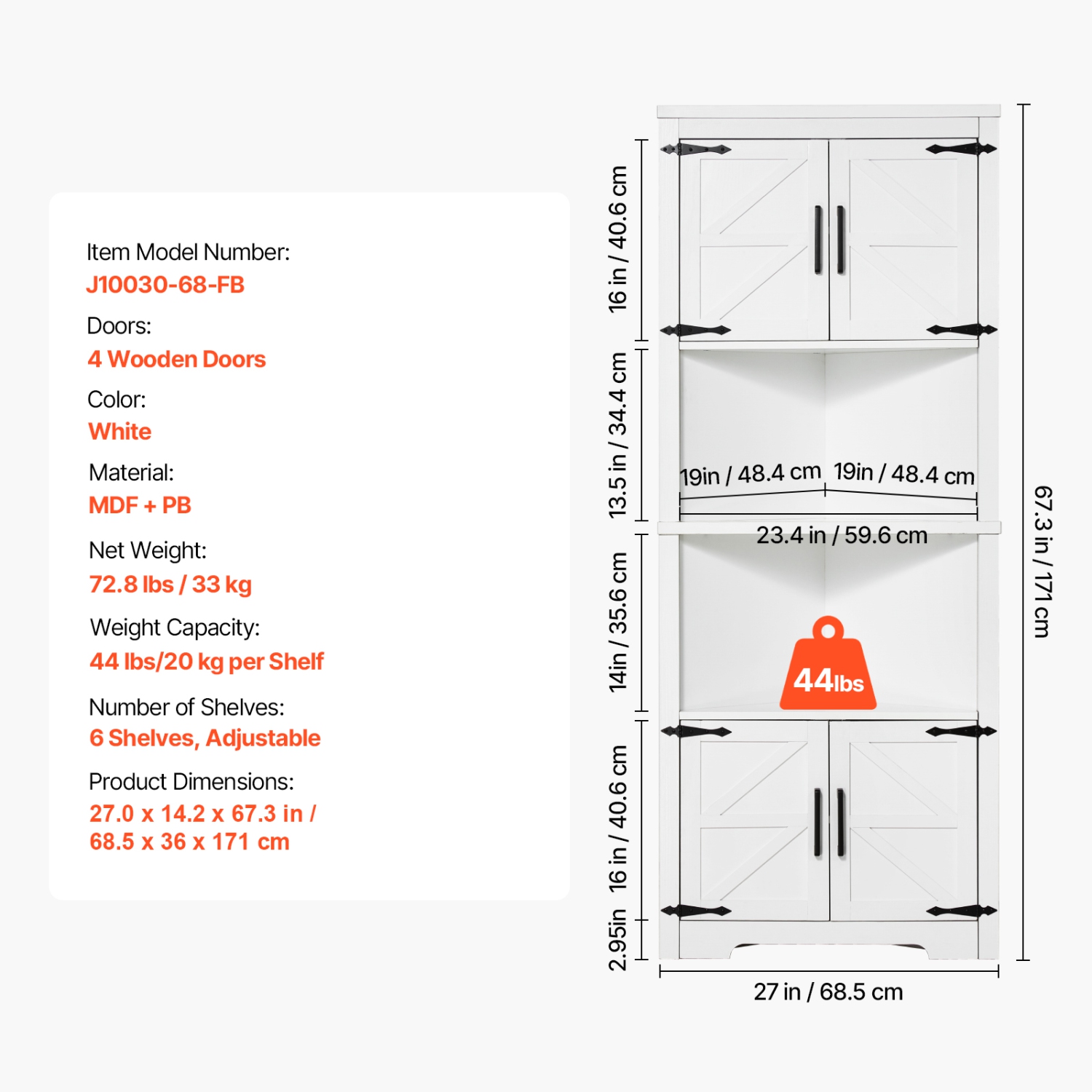 Armoire de rangement en coin de 68&nbsp;po VEVOR, armoire de rangement à 6 niveaux avec 4 portes en bois et tablettes réglables, armoire de cuisine