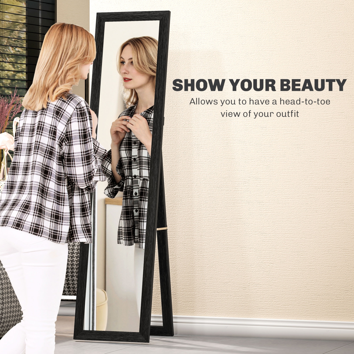 HOMCOM 61" x 15" Full Length Mirror with Frame, Rectangular Full Body Mirror for Bedroom, Living Room, Standing Hanging or Leaning Against Wall, Black