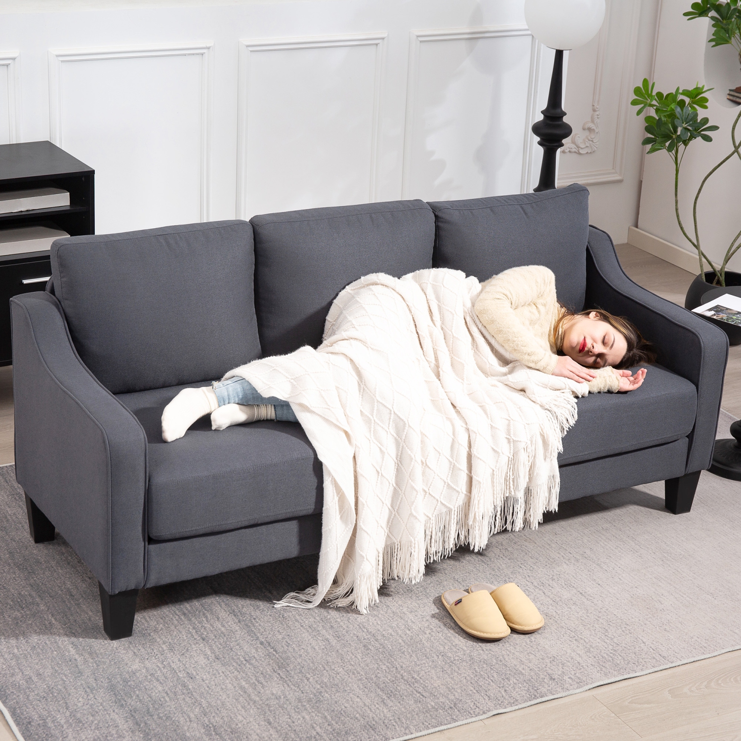 HOMCOM 3 Seater Sofa, Modern Couch with Pocket Spring, Linen Upholstered Sofa with Thick Padded for Living Room, Home Office, Charcoal Grey