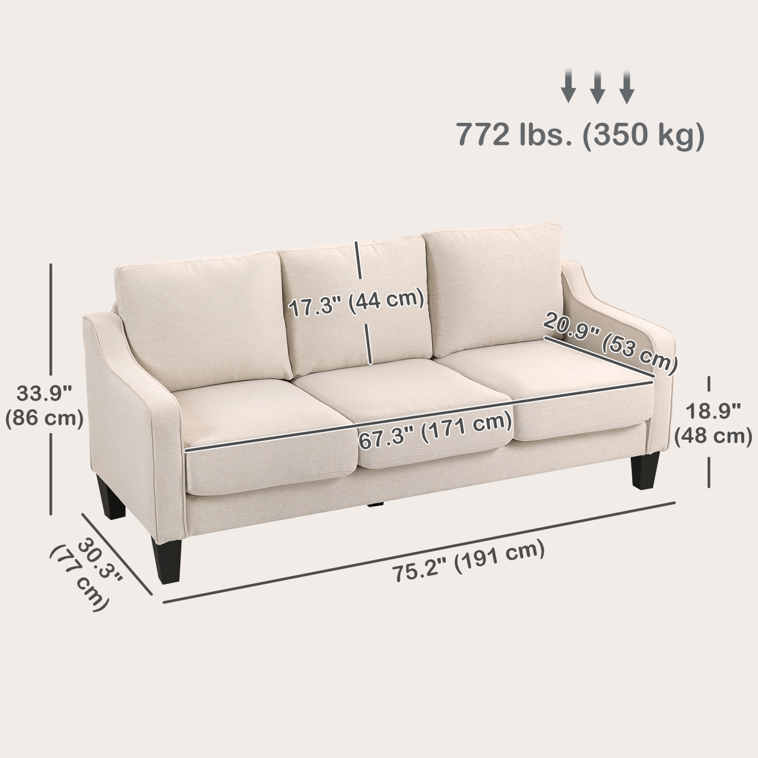 HOMCOM 3 Seater Sofa, Modern Couch with Pocket Spring, Linen Upholstered Sofa with Thick Padded for Living Room, Home Office, Beige