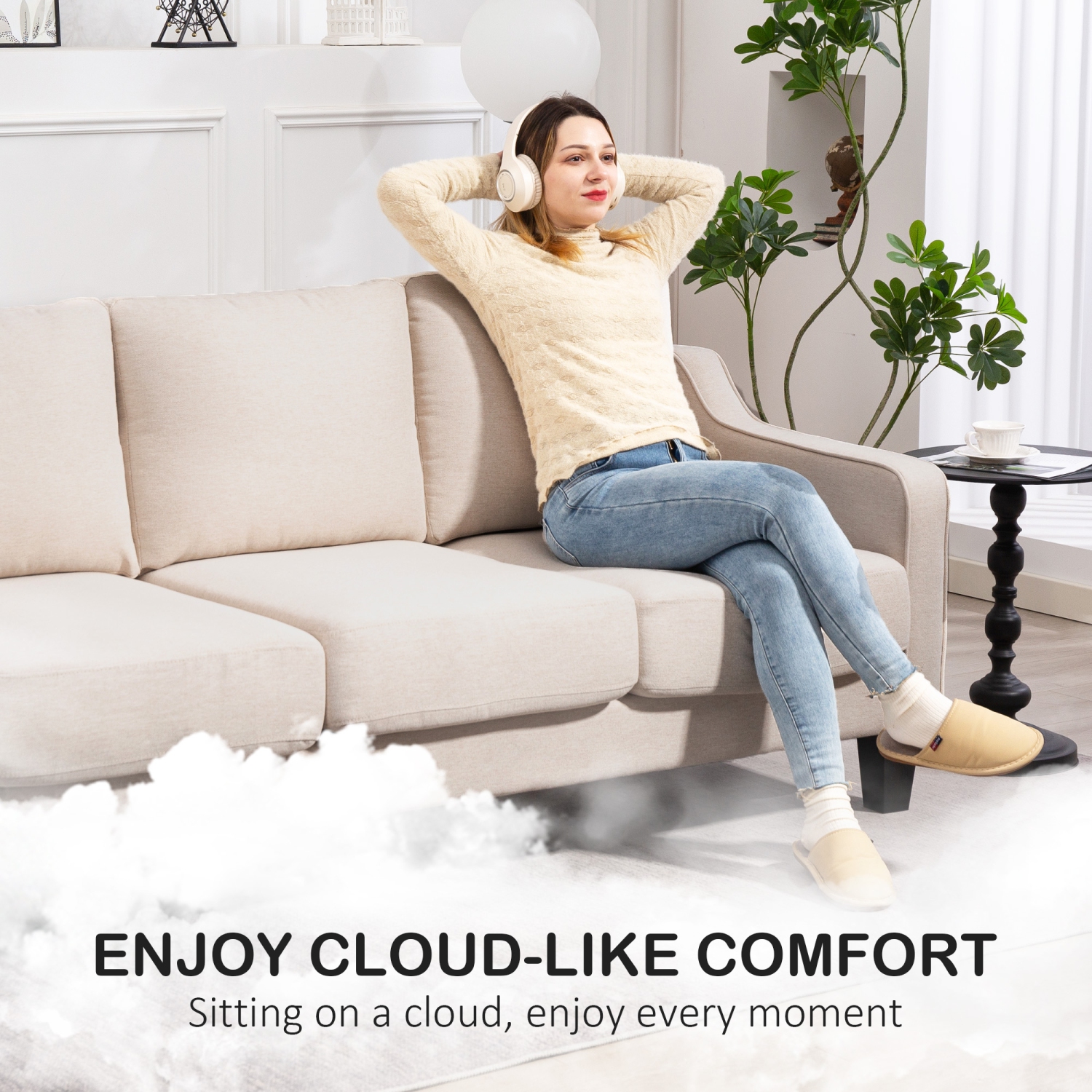 HOMCOM 3 Seater Sofa, Modern Couch with Pocket Spring, Linen Upholstered Sofa with Thick Padded for Living Room, Home Office, Beige