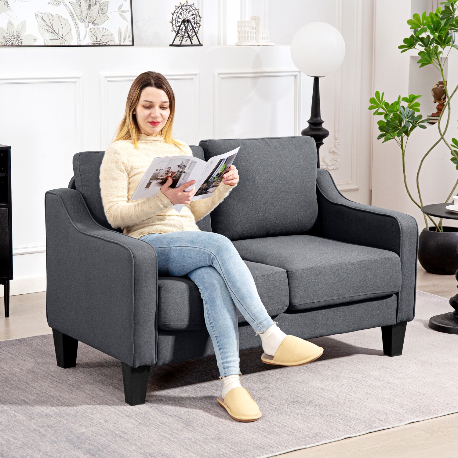 HOMCOM – Causeuse, canapé moderne avec ressorts ensachés, canapé recouvert de lin avec rembourrage épais pour le salon, le bureau à domicile, gris