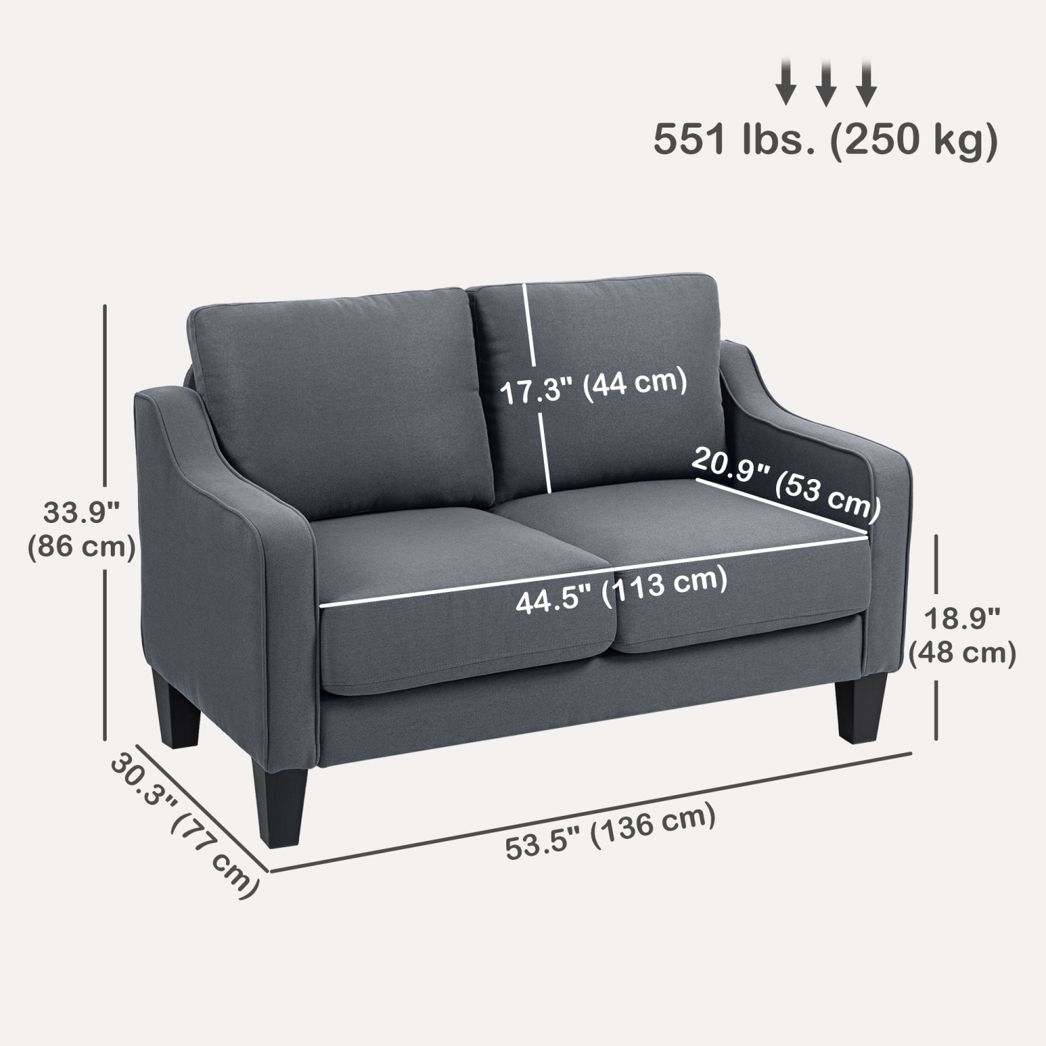 HOMCOM – Causeuse, canapé moderne avec ressorts ensachés, canapé recouvert de lin avec rembourrage épais pour le salon, le bureau à domicile, gris