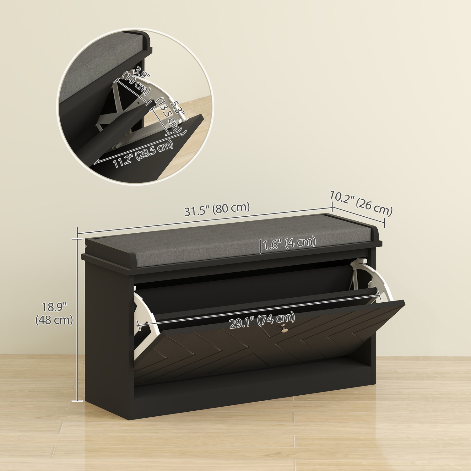 Banc à chaussures de HOMCOM, banc d'entrée avec tiroir rabattable, coussin de siège et tablette réglable pour 4-8 paires de chaussures pour couloir,