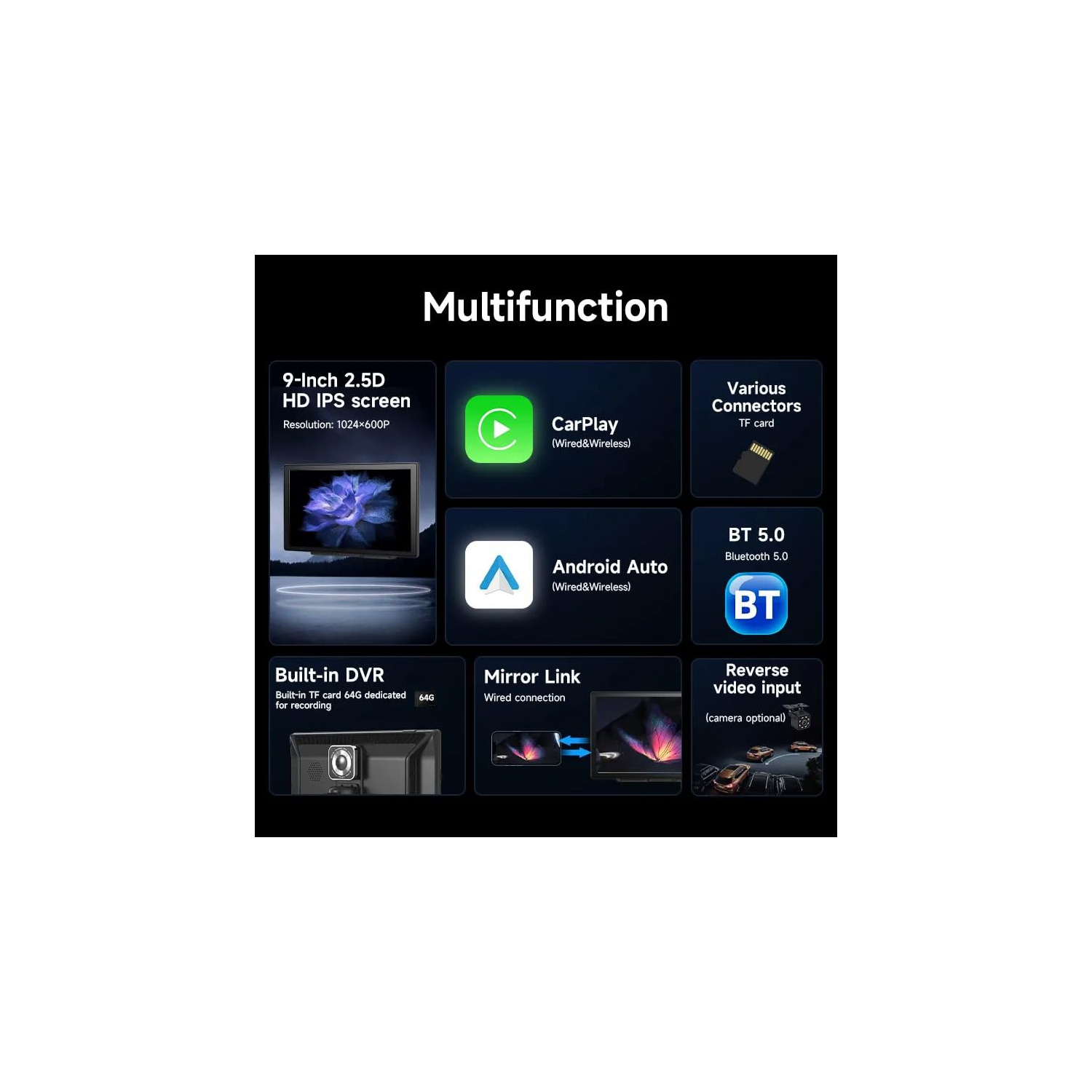 Chaîne stéréo auto portative 9 po Apple CarPlay et Android, caméra de recul 1080p, navigation GPS/Mirror Link/Bluetooth