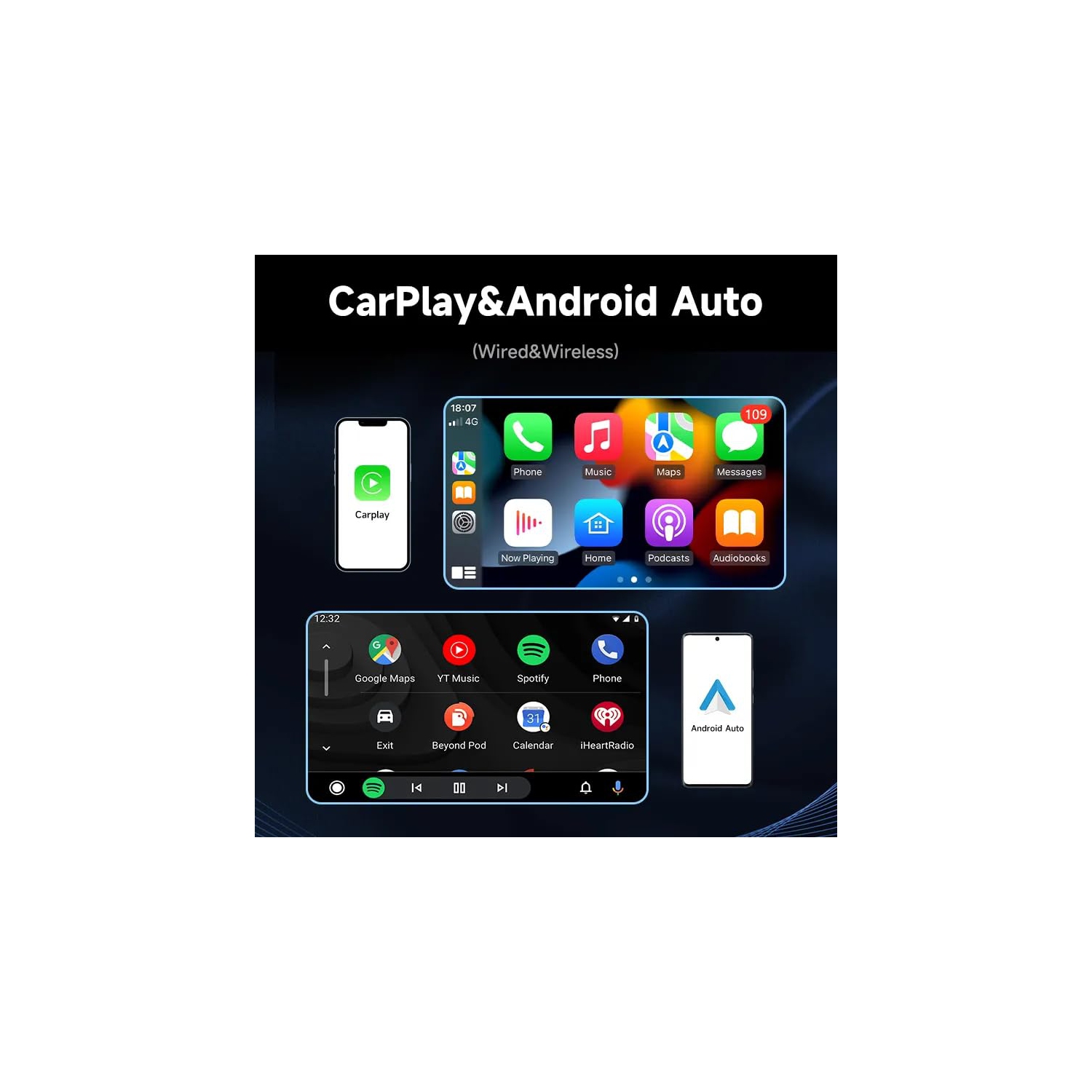Chaîne stéréo auto portative 9 po Apple CarPlay et Android, caméra de recul 1080p, navigation GPS/Mirror Link/Bluetooth