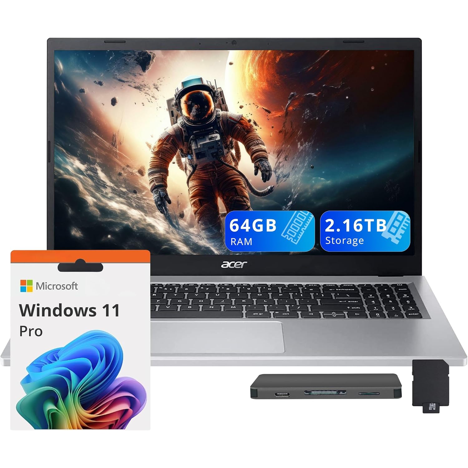 acer Aspire 3 15.6" FHD IPS Laptop, AMD Ryzen 3 7330U,2.16TB Storage(2TB SSD+160GB Docking Station Set),64GB DDR4 RAM,AMD Radeon Graphics,Backlit Keyboard,Windows 11 Pro,Silver