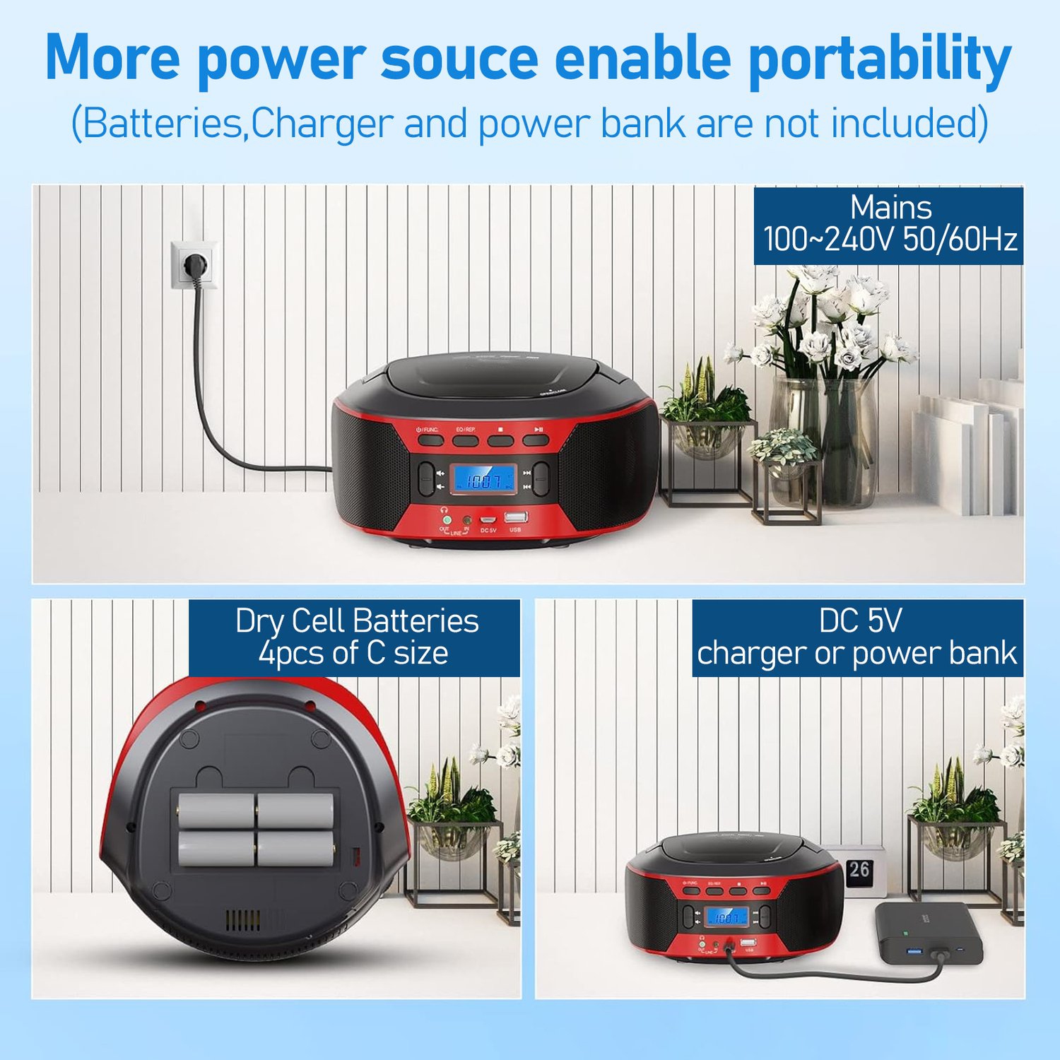 Portable CD Player, Home Bluetooth Speaker With FM Radio and AUX/USB Playback and Headphone Jack