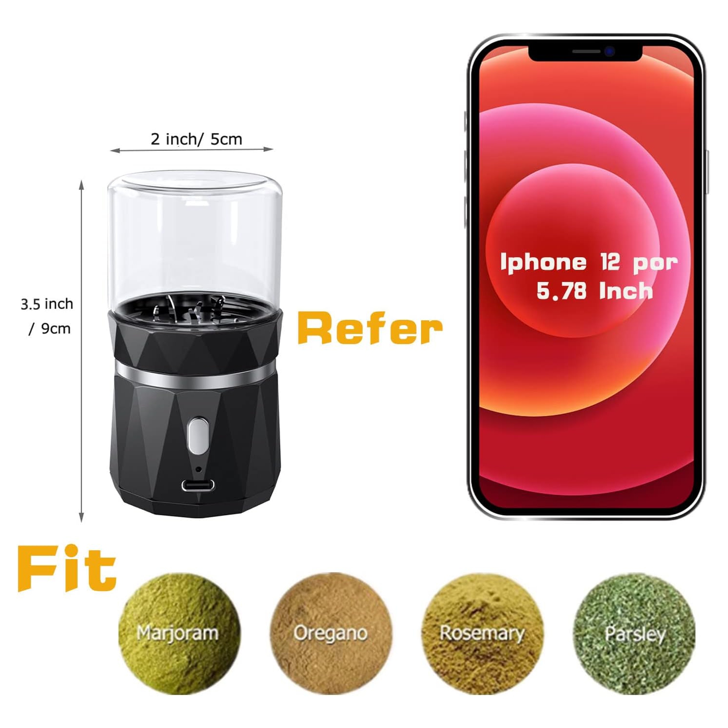 Moulin à épices et à herbes électrique, Mini broyeur électrique pour fines herbes, Petit pot à fines herbes et cuillère, Moulin à herbes automatique