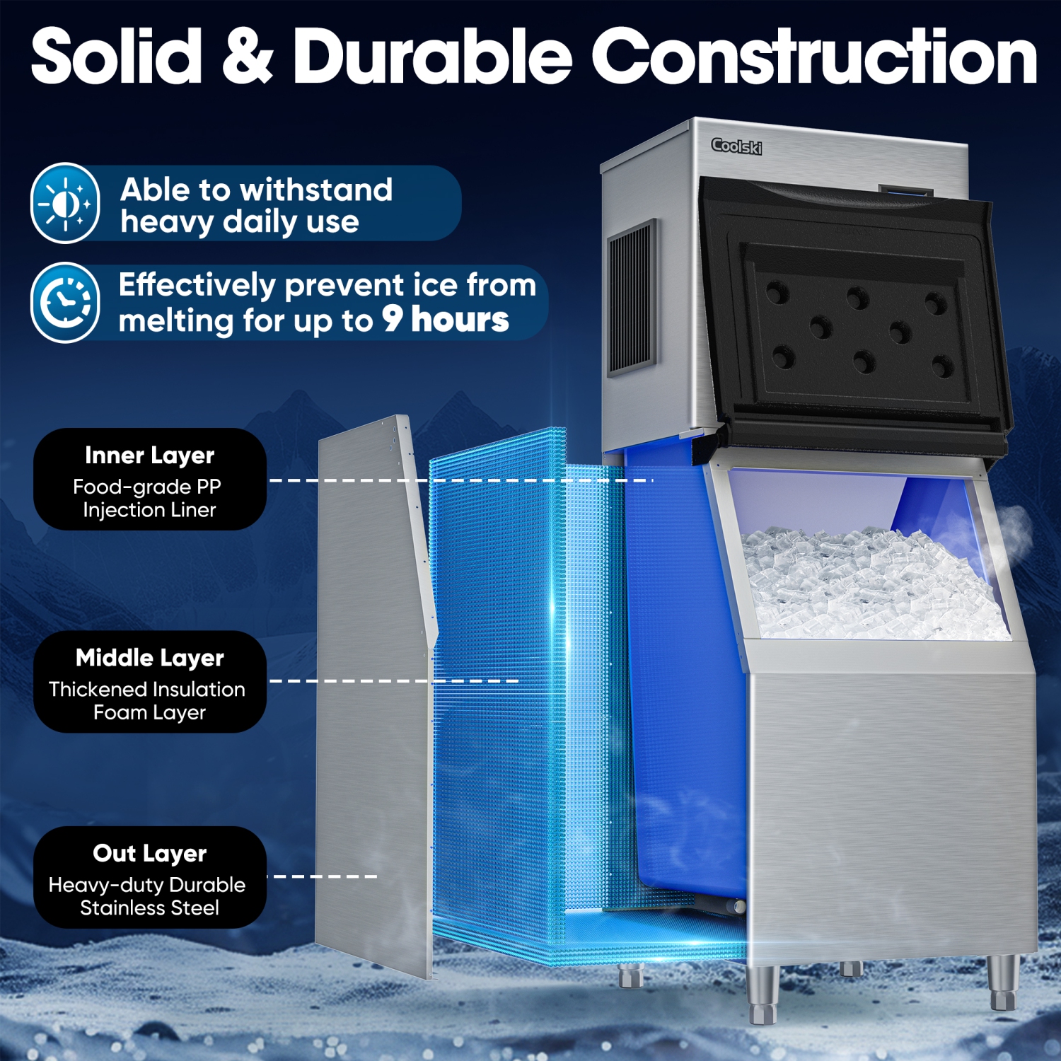 Coolski Commercial Ice Machine 550LBS/Day, 22 Inch Wide Industrial Ice Machine with Large Storage Bin, Ice Ready in 5-15 min, Ice Maker for
