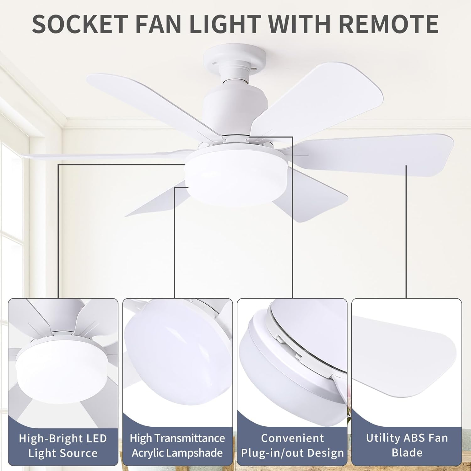 E27 Ventilateur de base avec télécommande, ventilateur de plafond à DEL silencieux avec 6 pales, ventilateur de plafond à intensité réglable LED à 3