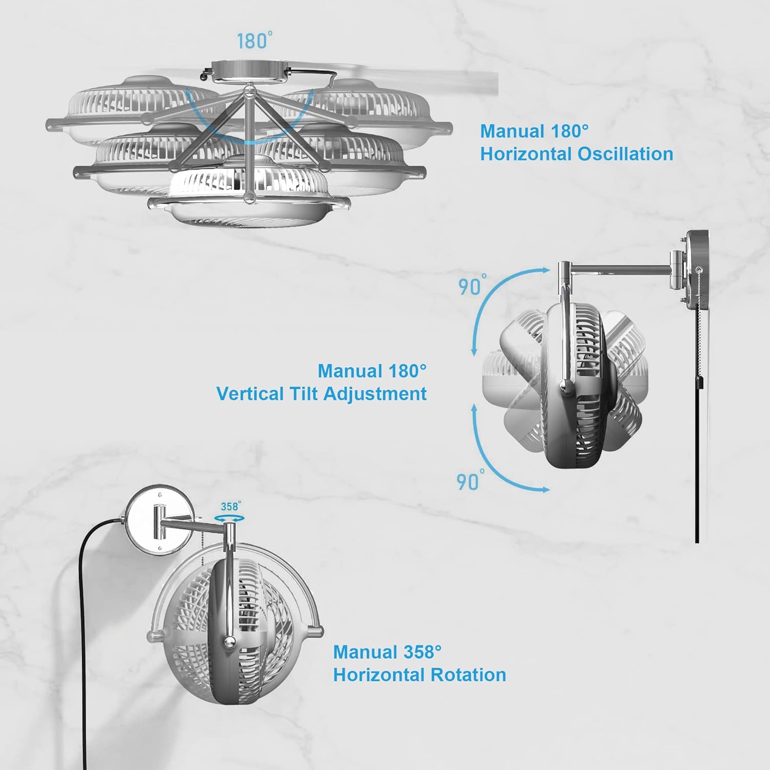 Parrot Uncle Wall Mount Fans Pull in Ceiling Fan with Folding Arm Crod with Plug, 10 Inch, White