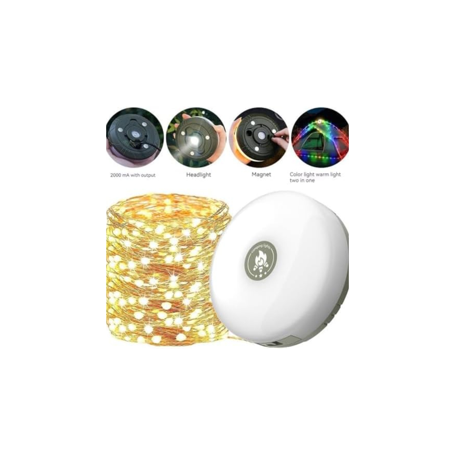 Camping Light String with Camping Light and Flashlight, 3-in-1 Portable Light String, Rechargeable, Waterproof