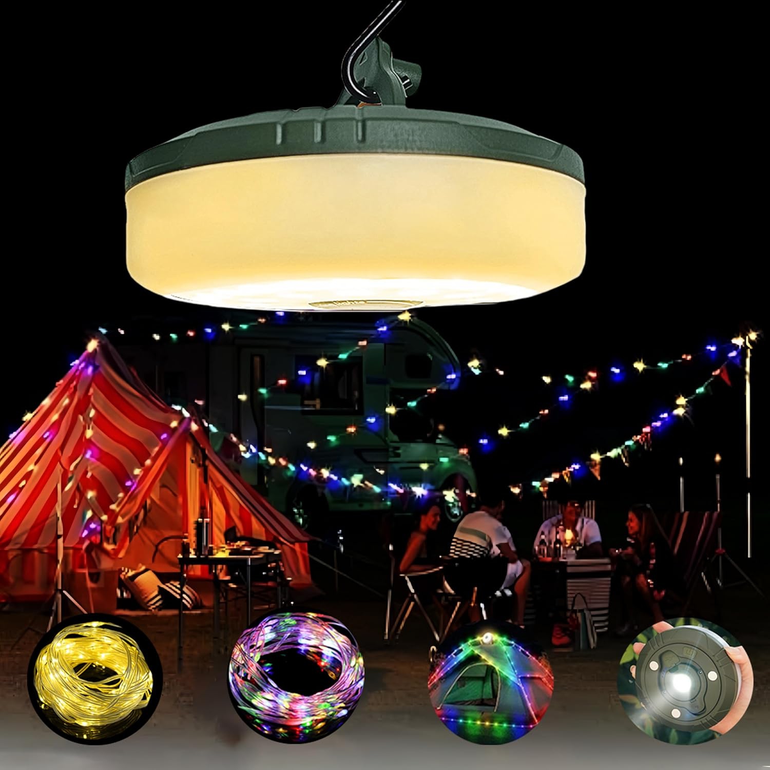 Camping Light String with Camping Light and Flashlight, 3-in-1 Portable Light String, Rechargeable, Waterproof