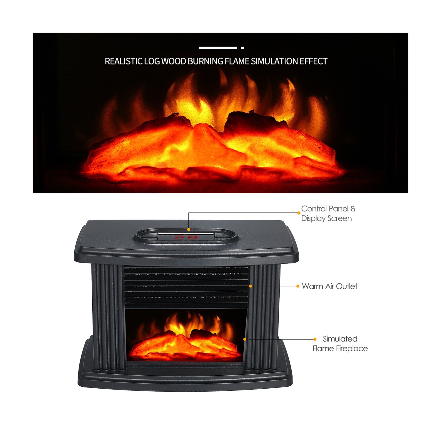 Mini-foyer chauffant - Effet de flamme réaliste | Télécommande | Silencieux et portatif | Idéal pour la décoration et le chauffage à la maison ou au