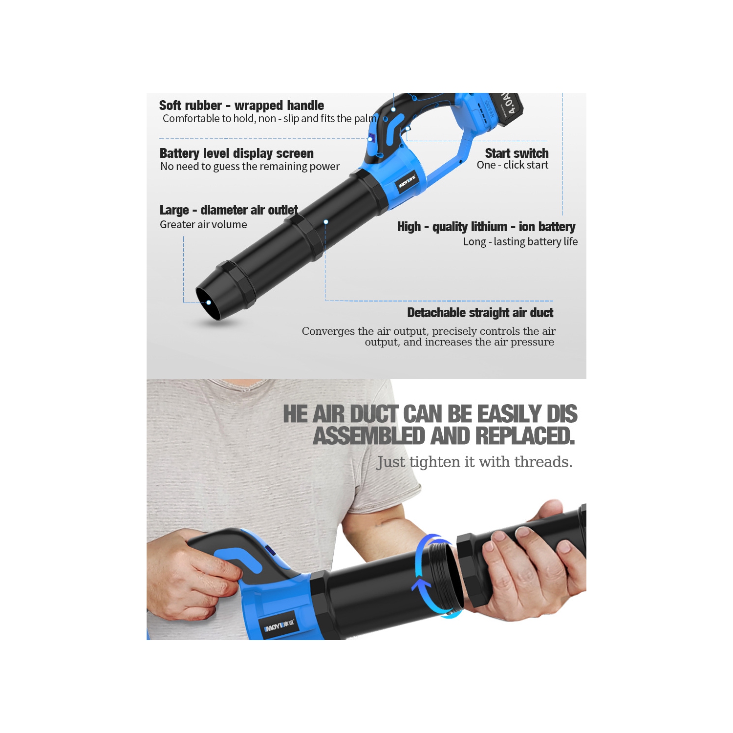 Lithium-powered blower with brushless motor, high air pressure, 4.0Ah long battery life for dust, snow, and leaf removal