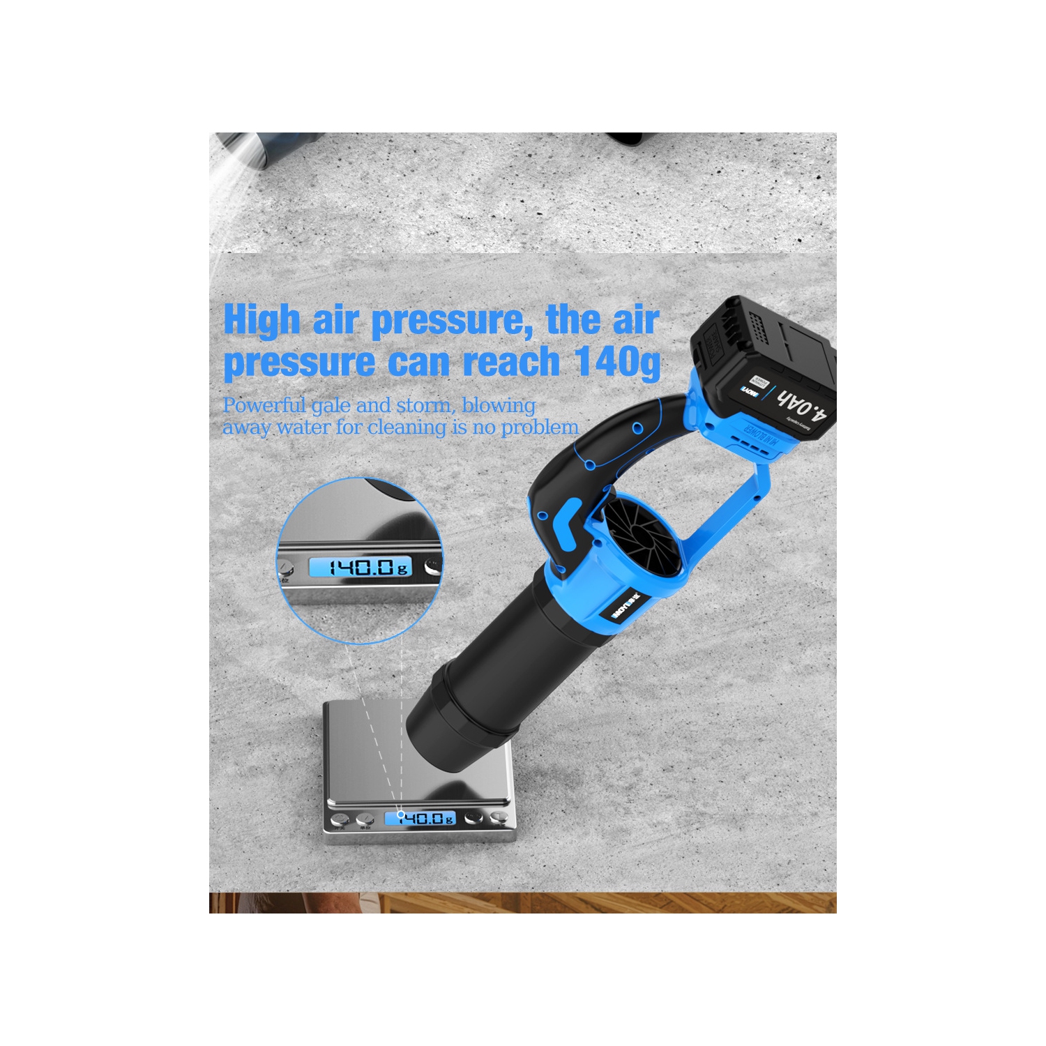 Lithium-powered blower with brushless motor, high air pressure, 4.0Ah long battery life for dust, snow, and leaf removal