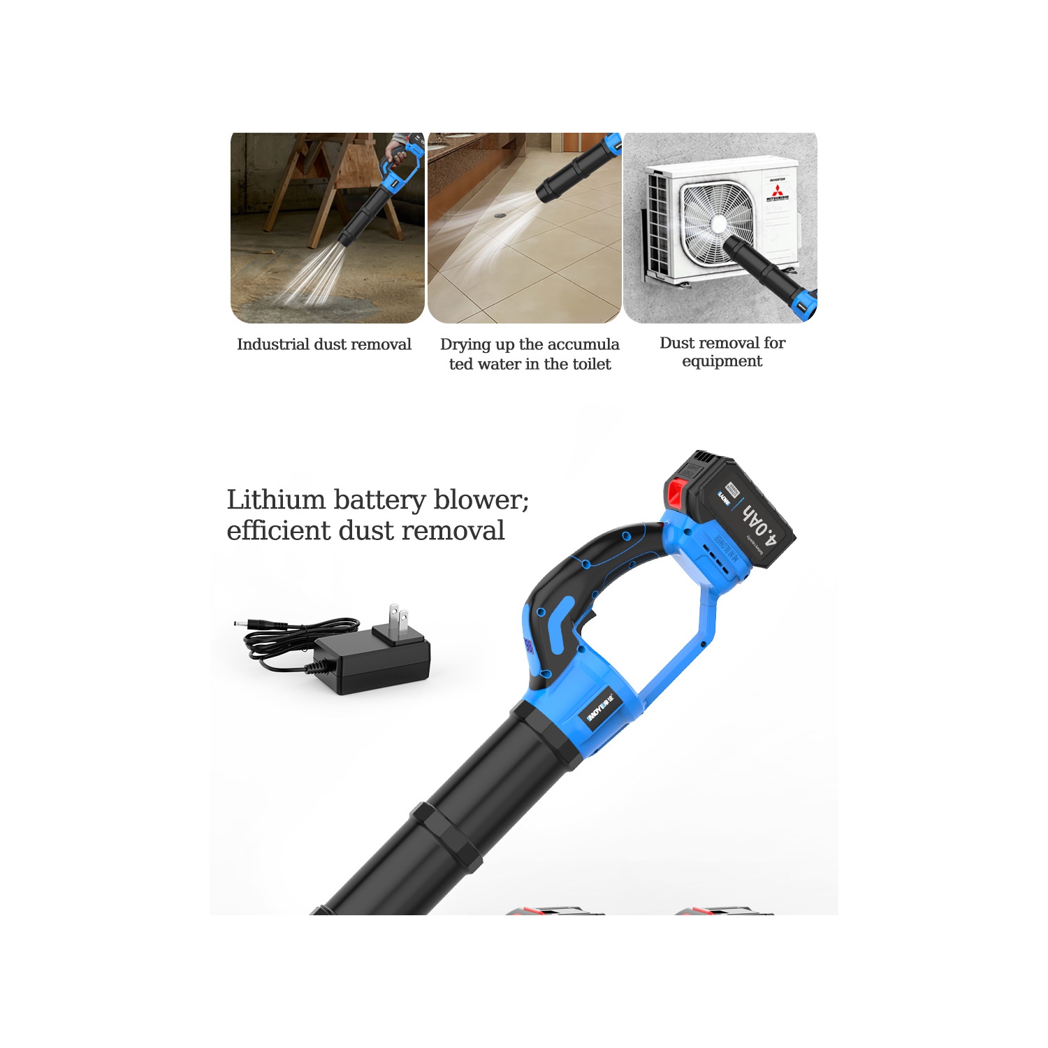 Lithium-powered blower with brushless motor, high air pressure, 4.0Ah long battery life for dust, snow, and leaf removal