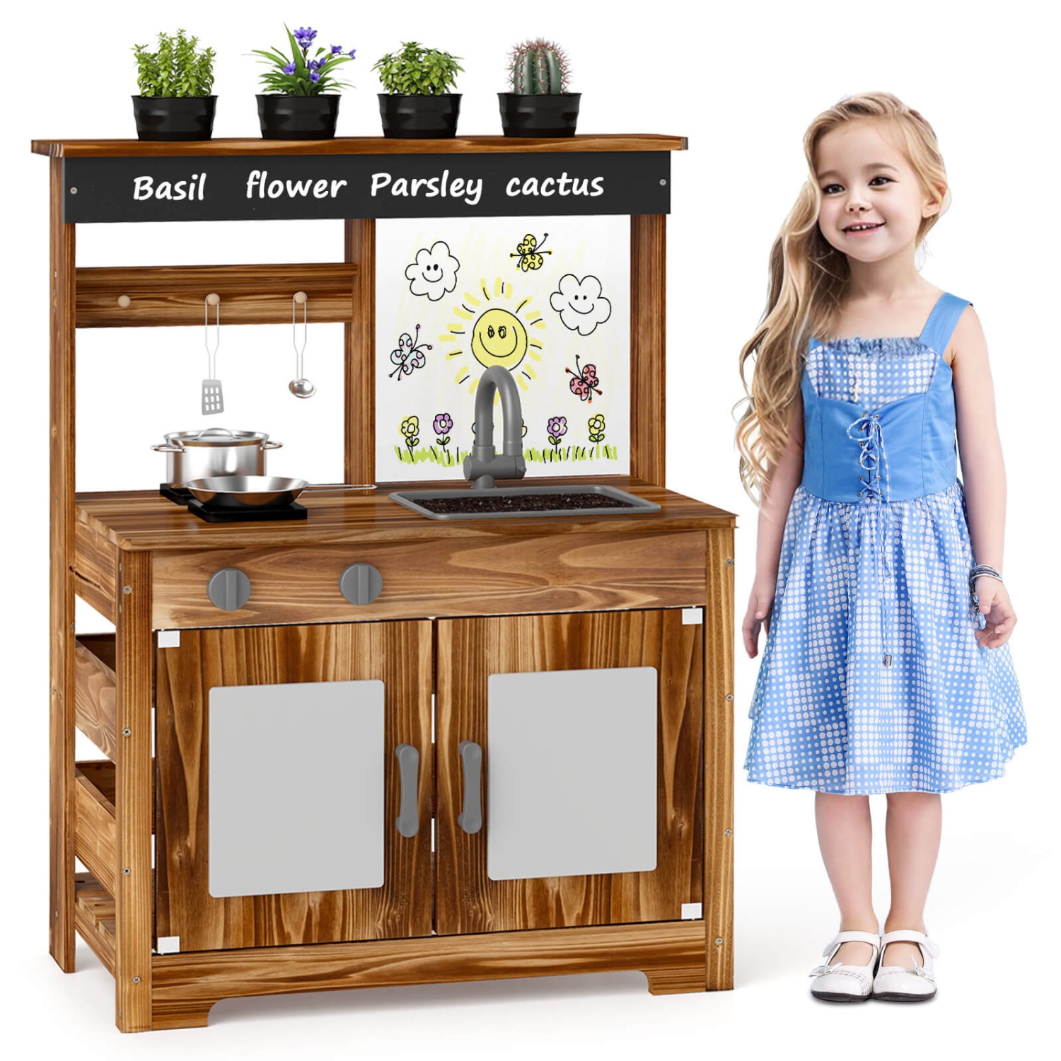 Costway Kids Mud Kitchen Set with Removable Sink Faucet Dual Stoves 4 Planting Pots