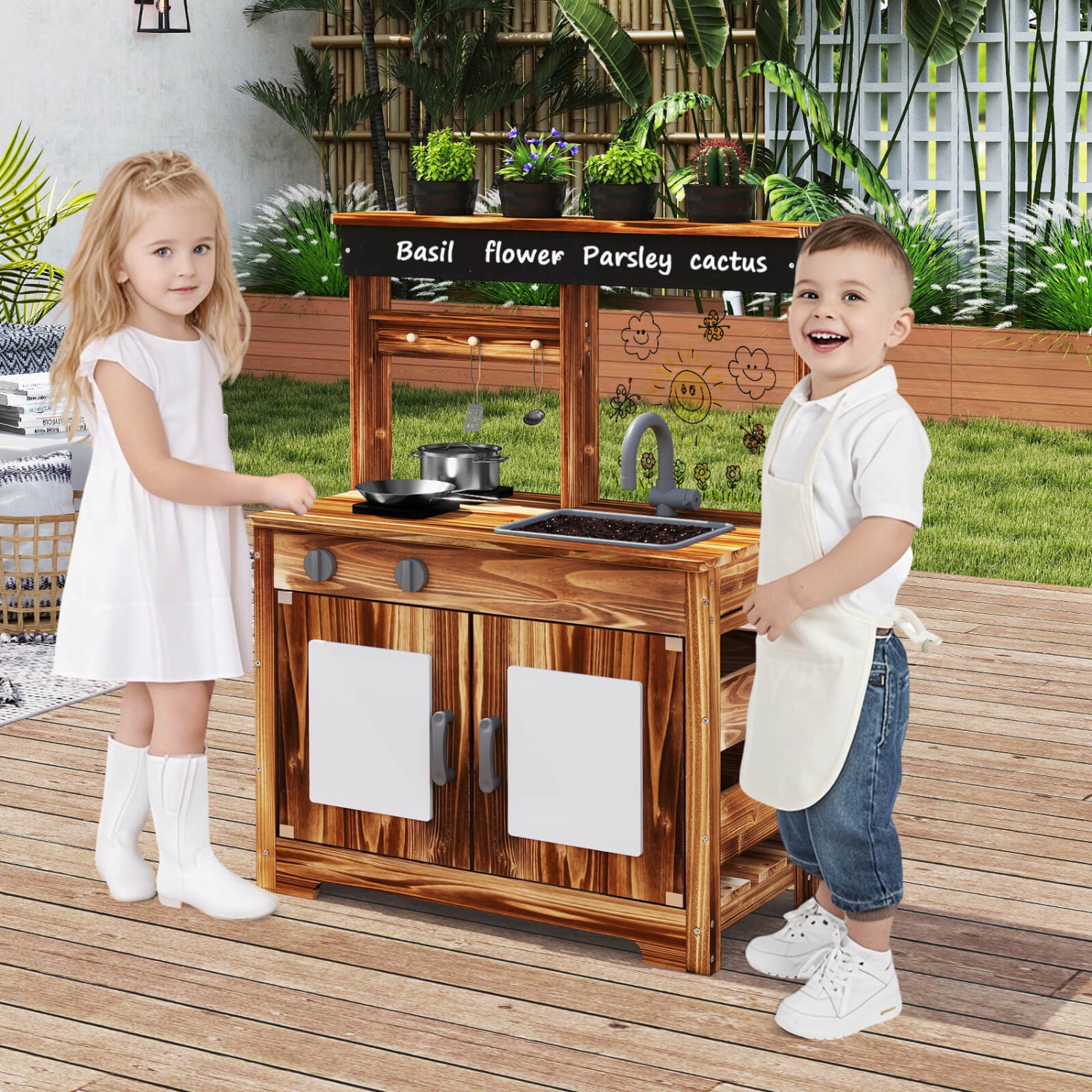 Costway Kids Mud Kitchen Set with Removable Sink Faucet Dual Stoves 4 Planting Pots