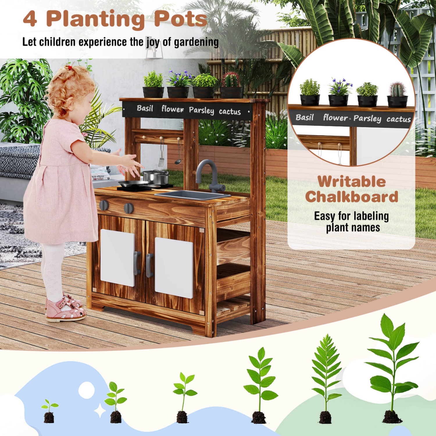 Costway Kids Mud Kitchen Set with Removable Sink Faucet Dual Stoves 4 Planting Pots