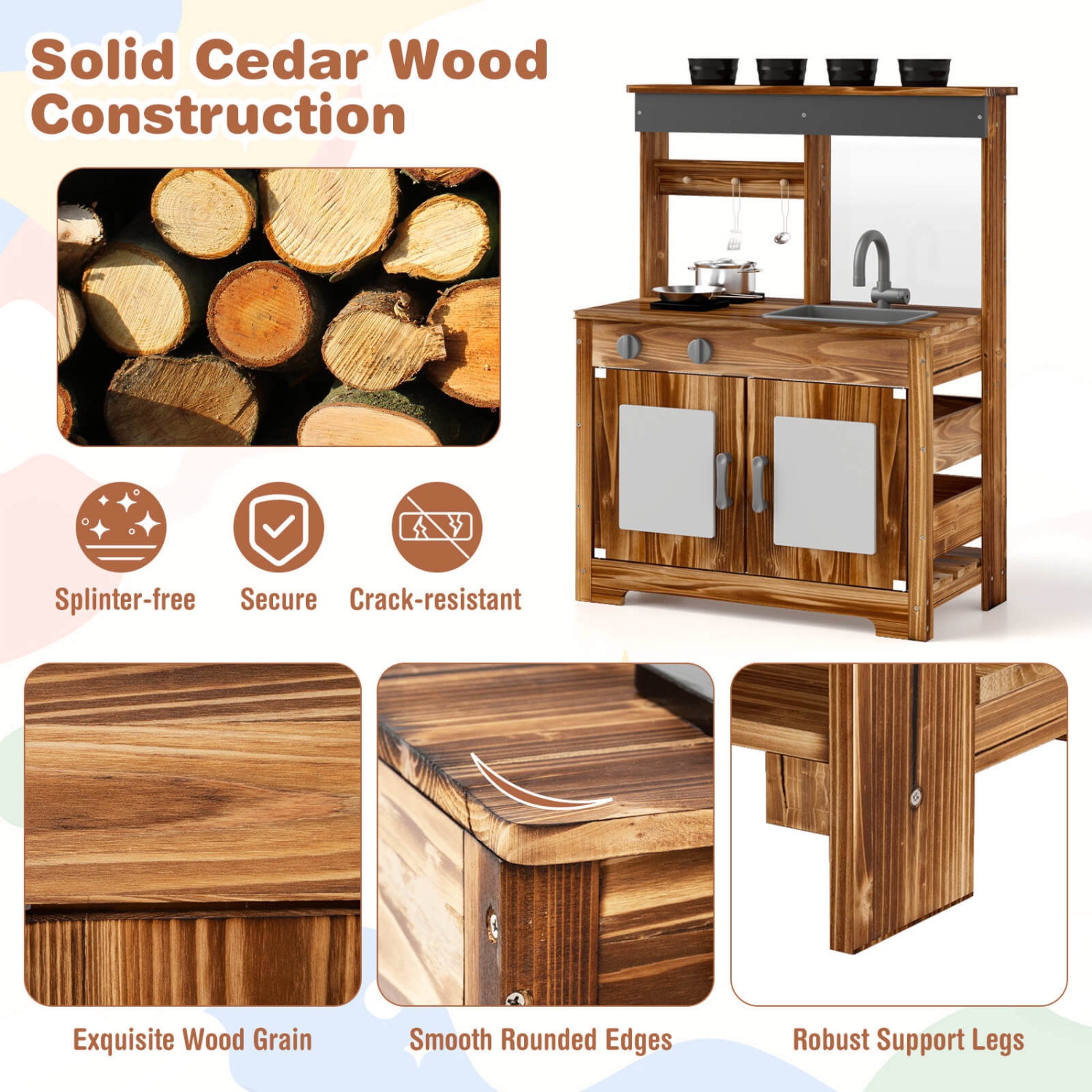 Costway Kids Mud Kitchen Set with Removable Sink Faucet Dual Stoves 4 Planting Pots