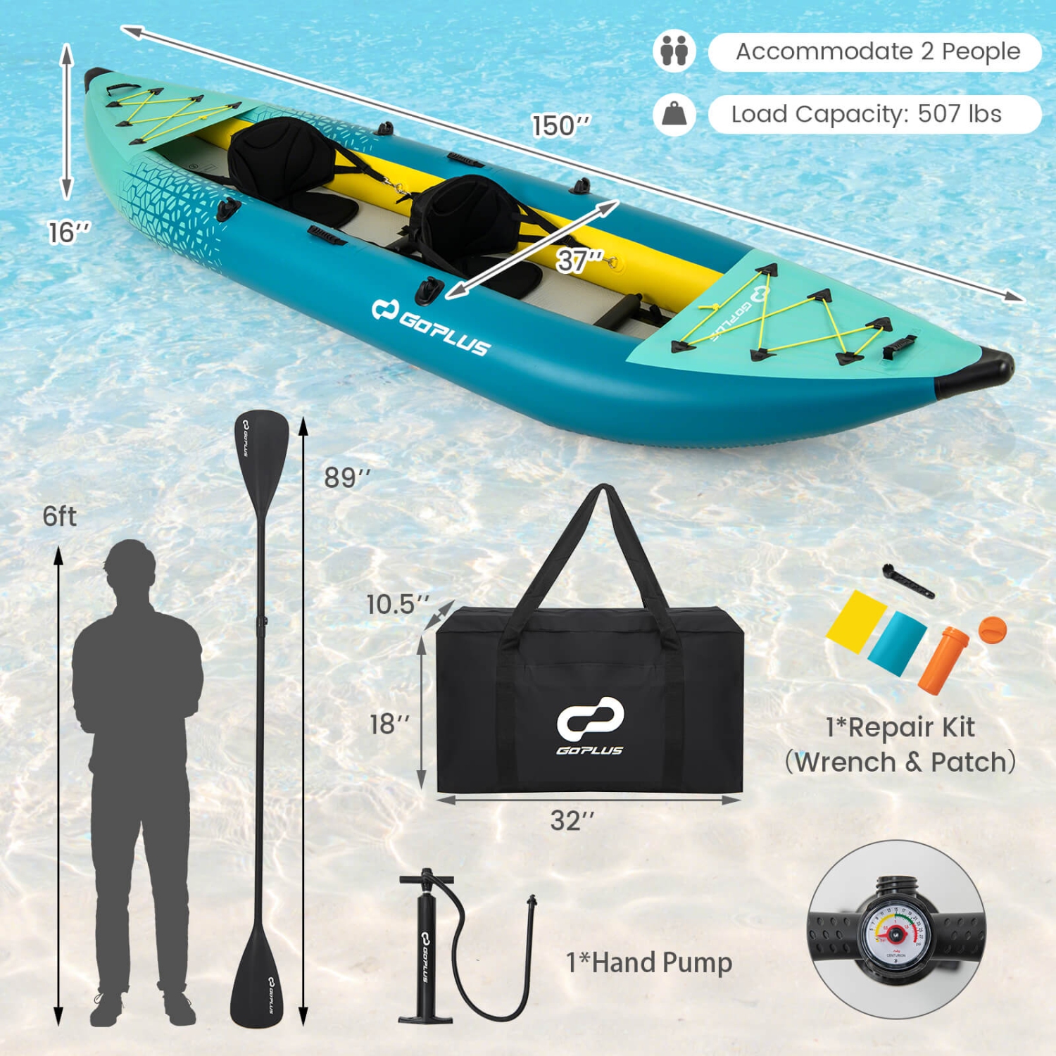 Ensemble de kayak gonflable portatif pour 2&nbsp;personnes de Goplus avec siège rembourré en EVA pour rames en aluminium